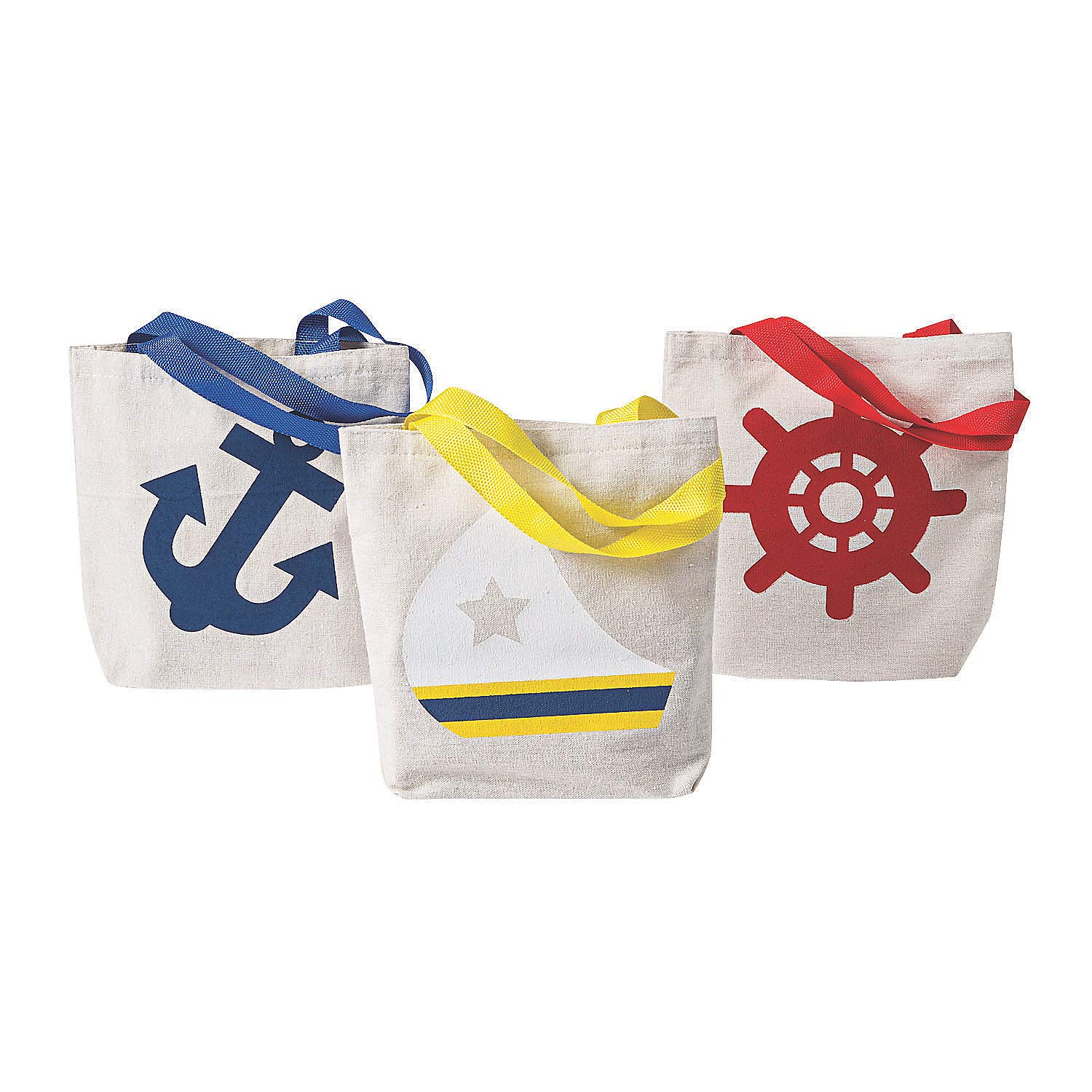 Fun Express Small Nautical Tote Bags - Set of 12 Canvas Bags for VBS, Vacation Bible School Supplies, Sailor Party & Nautical Theme Decor - Perfect for Kids Crafts, Beach Trips, and Summer Camp Favors