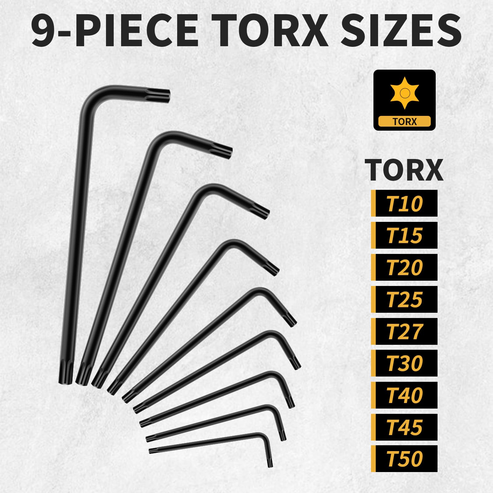 Premium 9-Piece Torx Wrench Set (T10-T50) with Long Arm & Hole - Star Screwdriver Kit for Automotive, Electronics & DIY Projects - Tamper Proof Hex Key & Allen Wrench Set for Secure Fastening