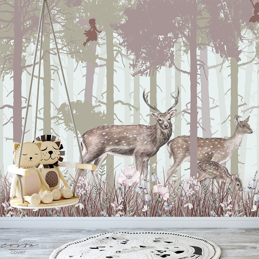 Fairy Forest with Animals Wall Mural CCM018 - Whimsical Nature-Themed Wallpaper for Kids' Bedroom & Nursery Decor