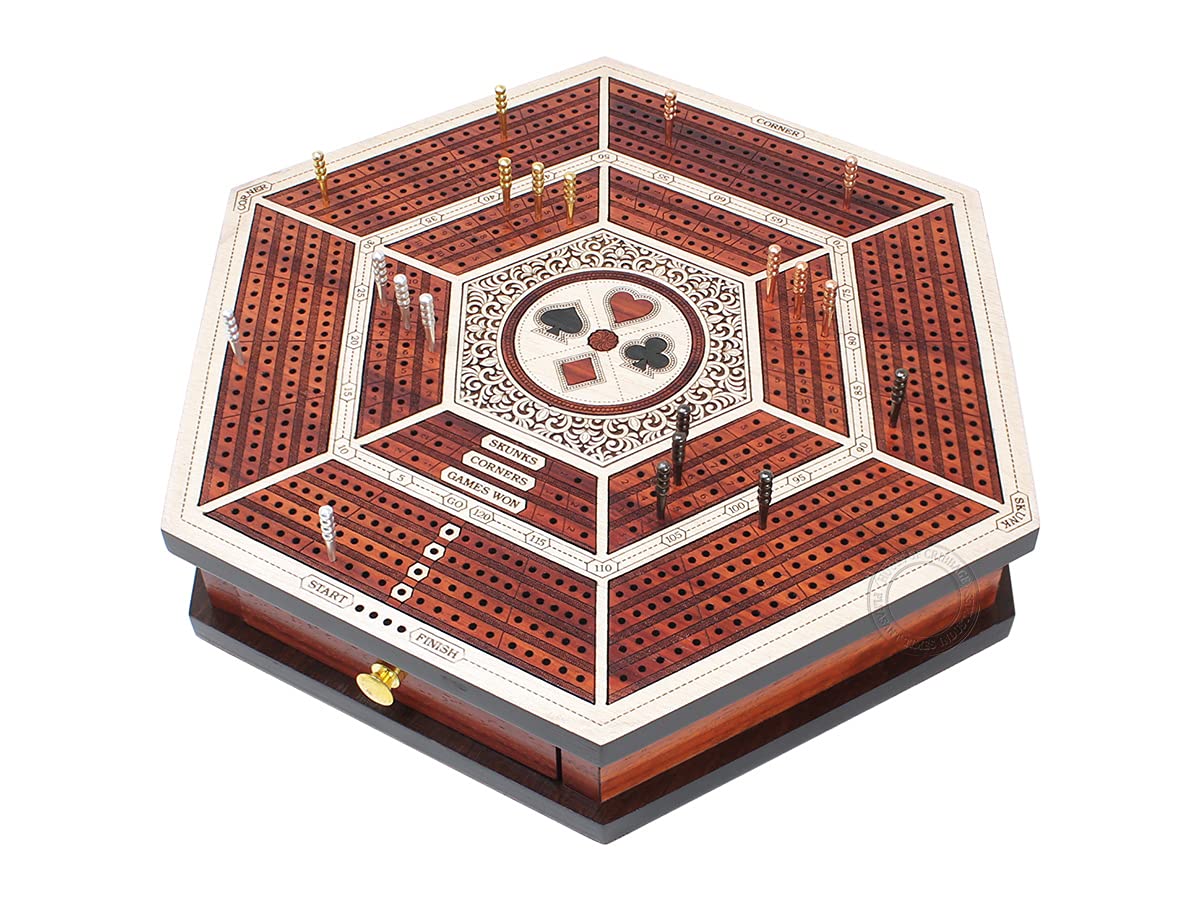 Hexagonal Cribbage Board with 4 Continuous Tracks, Drawer Storage & Score Marking - White Maple/Blood Wood - Perfect for Family Game Nights & Travel