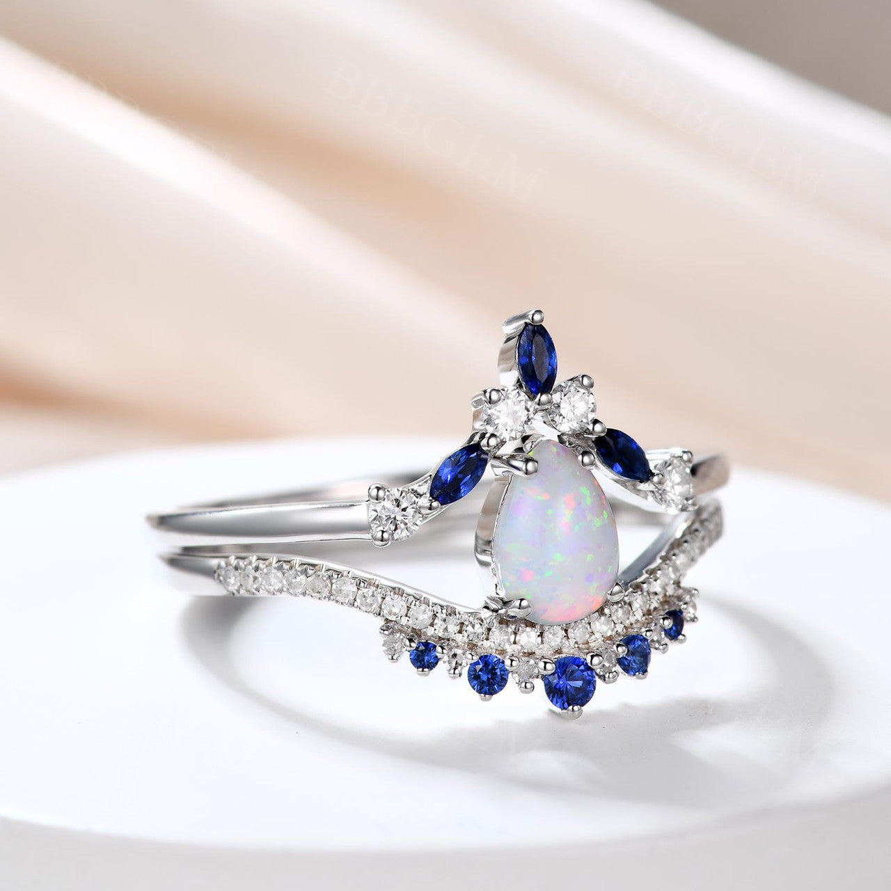 Pear Shaped Opal Engagement Ring with Diamond Accents & Blue Sapphire Wedding Band - Stackable Bridal Set for Proposal, Anniversary & Special Occasions