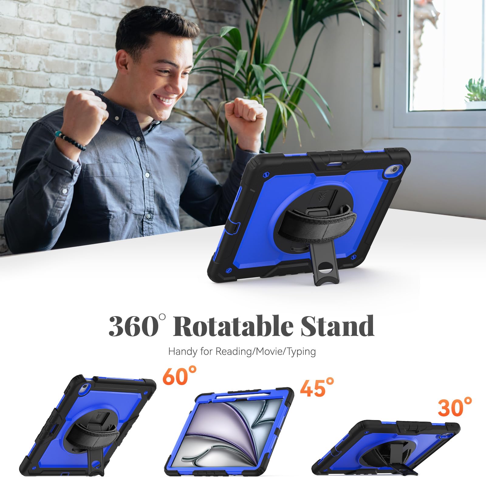 BLOSOMEET Shockproof iPad Air 13 Inch Case (2024 M2 & 2025 M3 Models) with Tempered Glass Screen Protector, Pencil Holder & Adjustable Stand - Rugged Protective Cover with Shoulder Strap for Work, Travel & Outdoor Use (Blue)