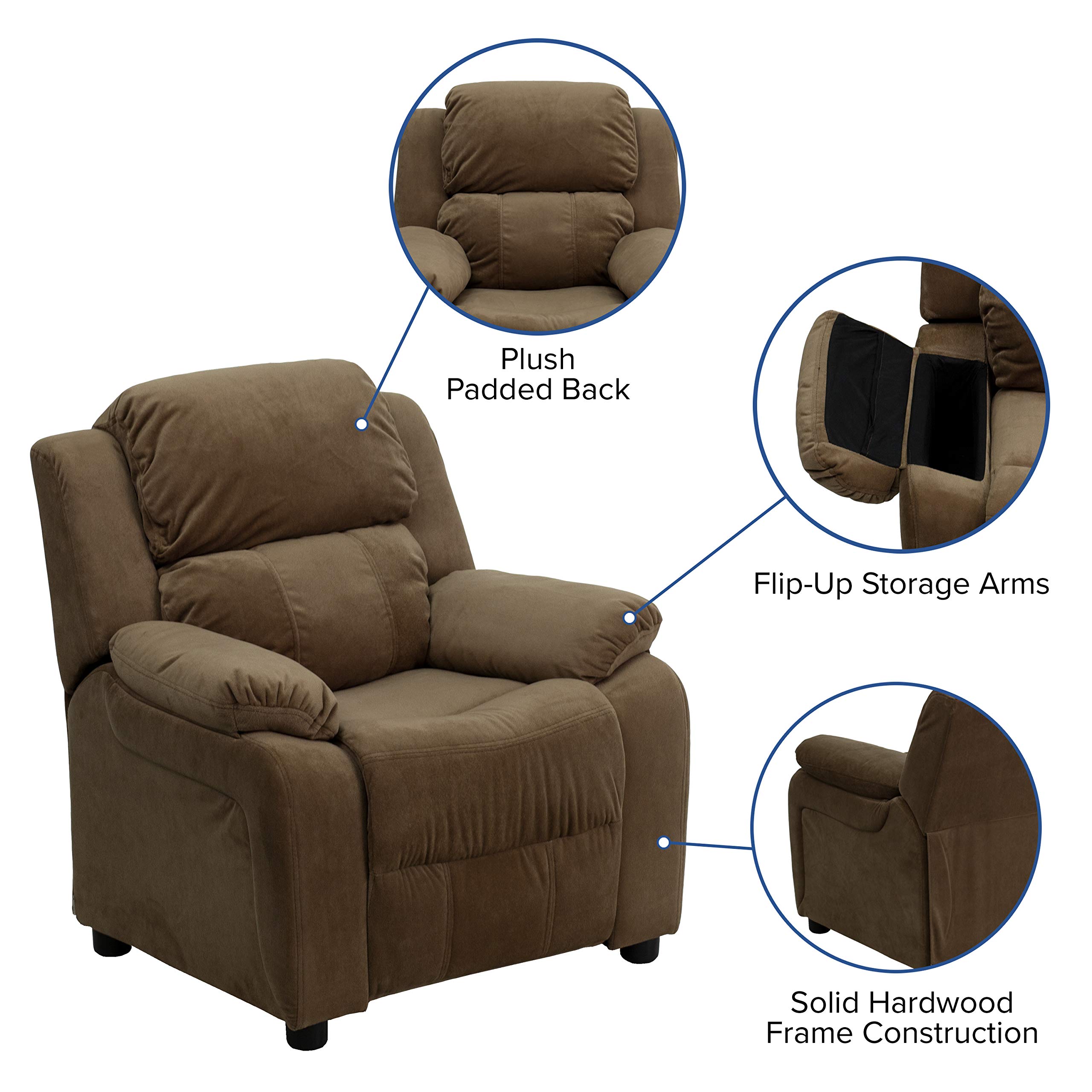 EMMA + OLIVER Deluxe Padded Brown Microfiber Kids Recliner Chair with Storage Arms - Comfortable Children's Lounge Chair for Bedroom, Playroom & Movie Nights