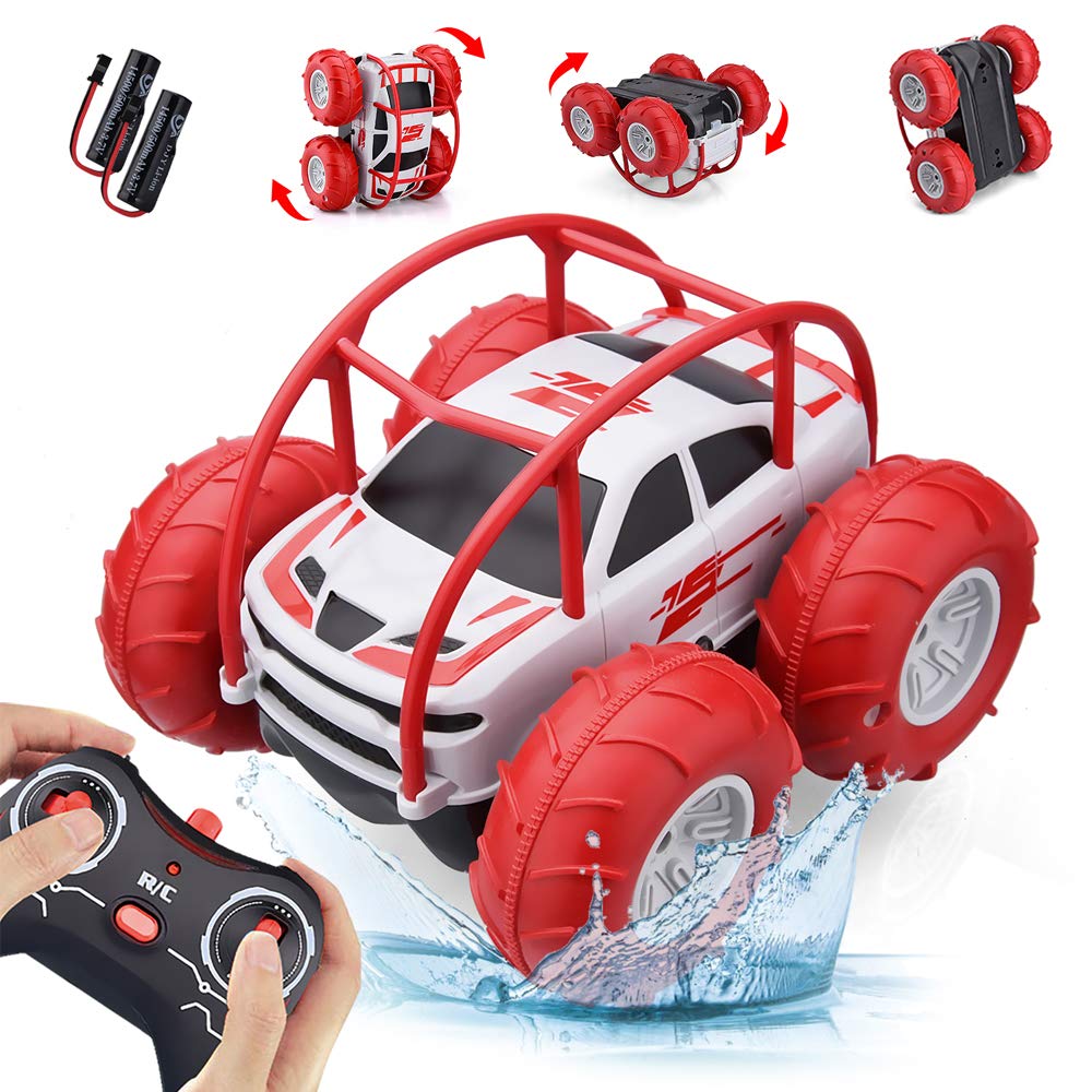 All Terrain 4WD Remote Control Car for Kids - Waterproof RC Stunt Truck with LED Lights, 360° Spin & Flip - Best Beach, Pool, Backyard Toy Gift for Boys & Girls Ages 3-12 (Land & Water Use)