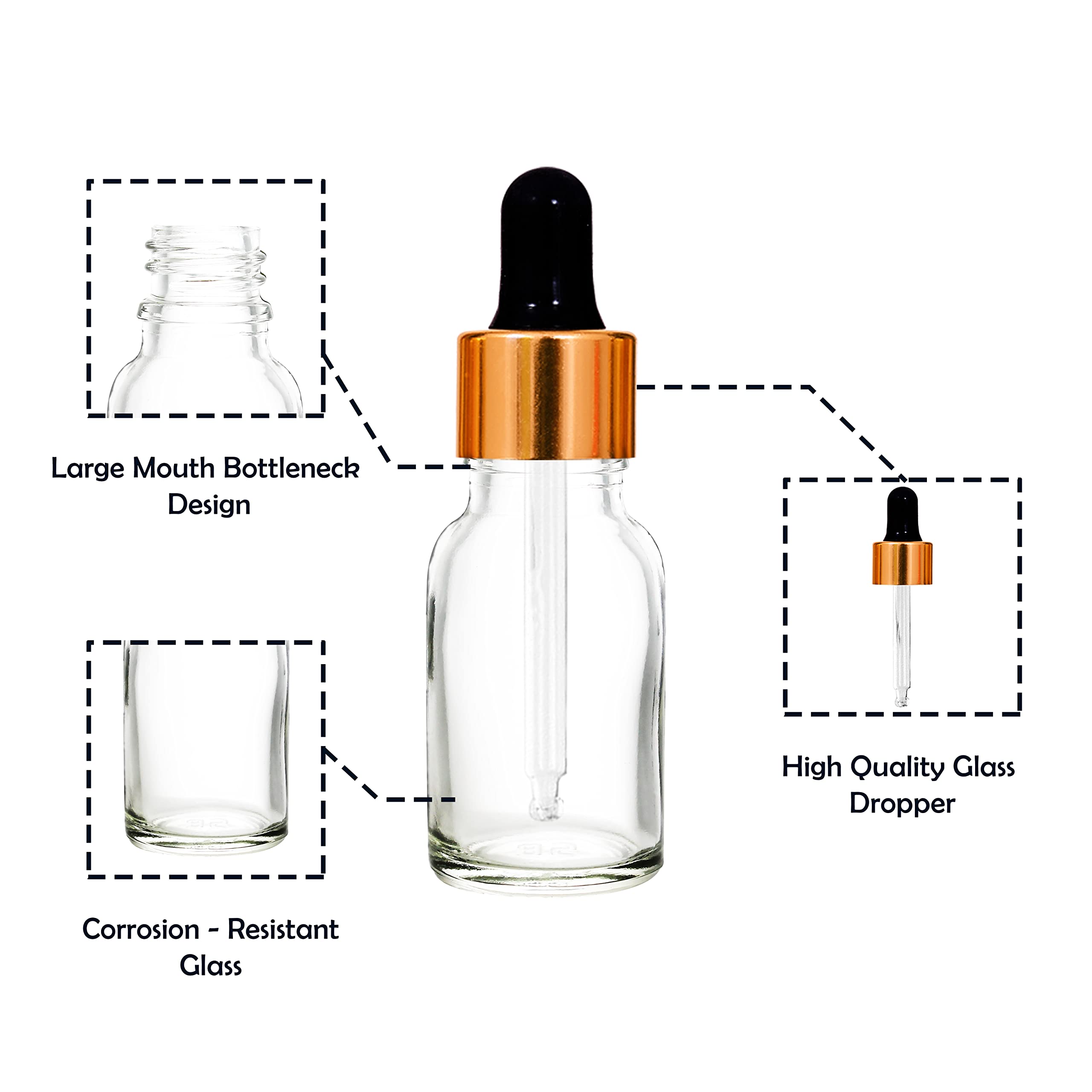 NSB Herbals 15ml Clear Round Empty Glass Bottle with Glass Dropper, Golden Ring & Black Silicone Teat - Refillable for Essential Oils, Perfumes, DIY Beauty (Pack of 3) | Perfect for Aromatherapy, Travel & Home Fragrance