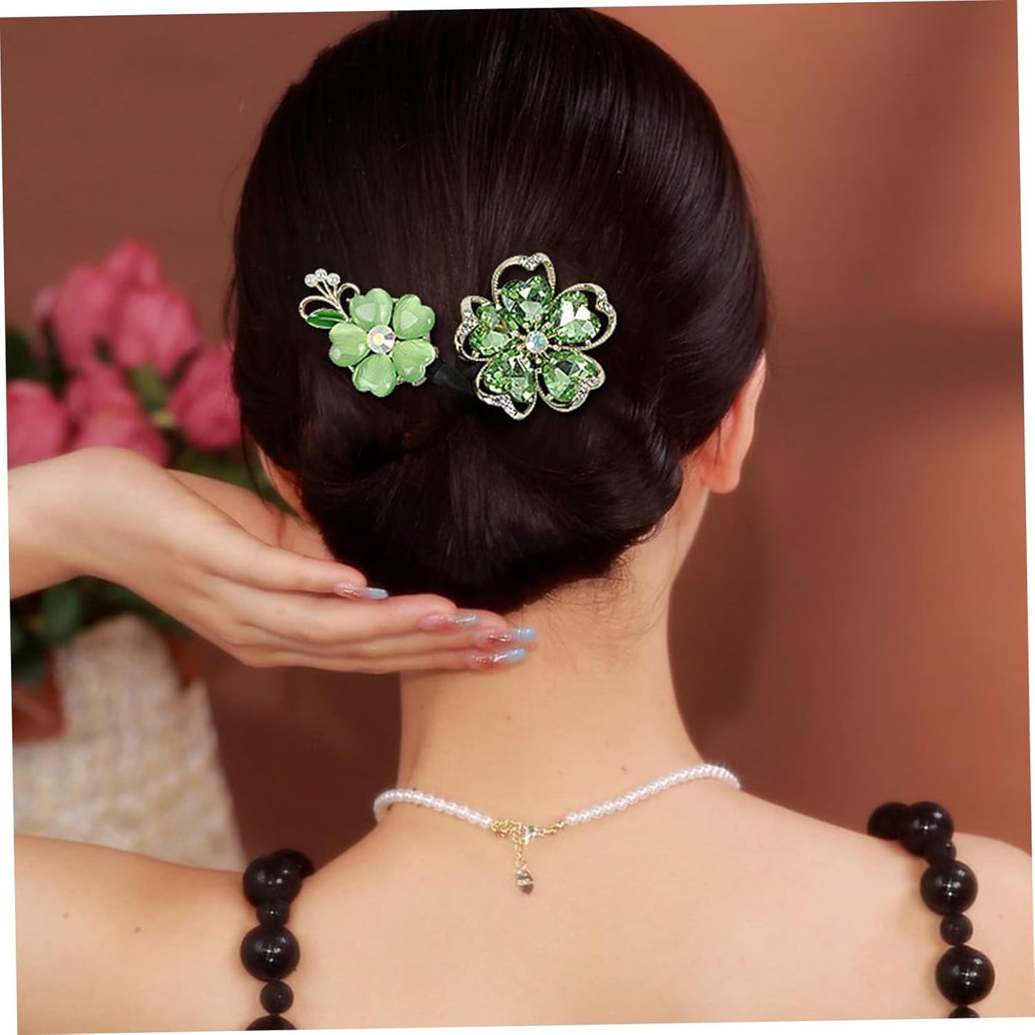1 Piece Green Rhinestone Lazy Hair Curler Bun Maker - Perfect Hair Bun Tool for Women, Floral Hair Style Accessories, Twist Bun Clips for Party & Wedding (Green Floral) - Great for Special Occasions, Prom, Bridal & Everyday Hairstyling