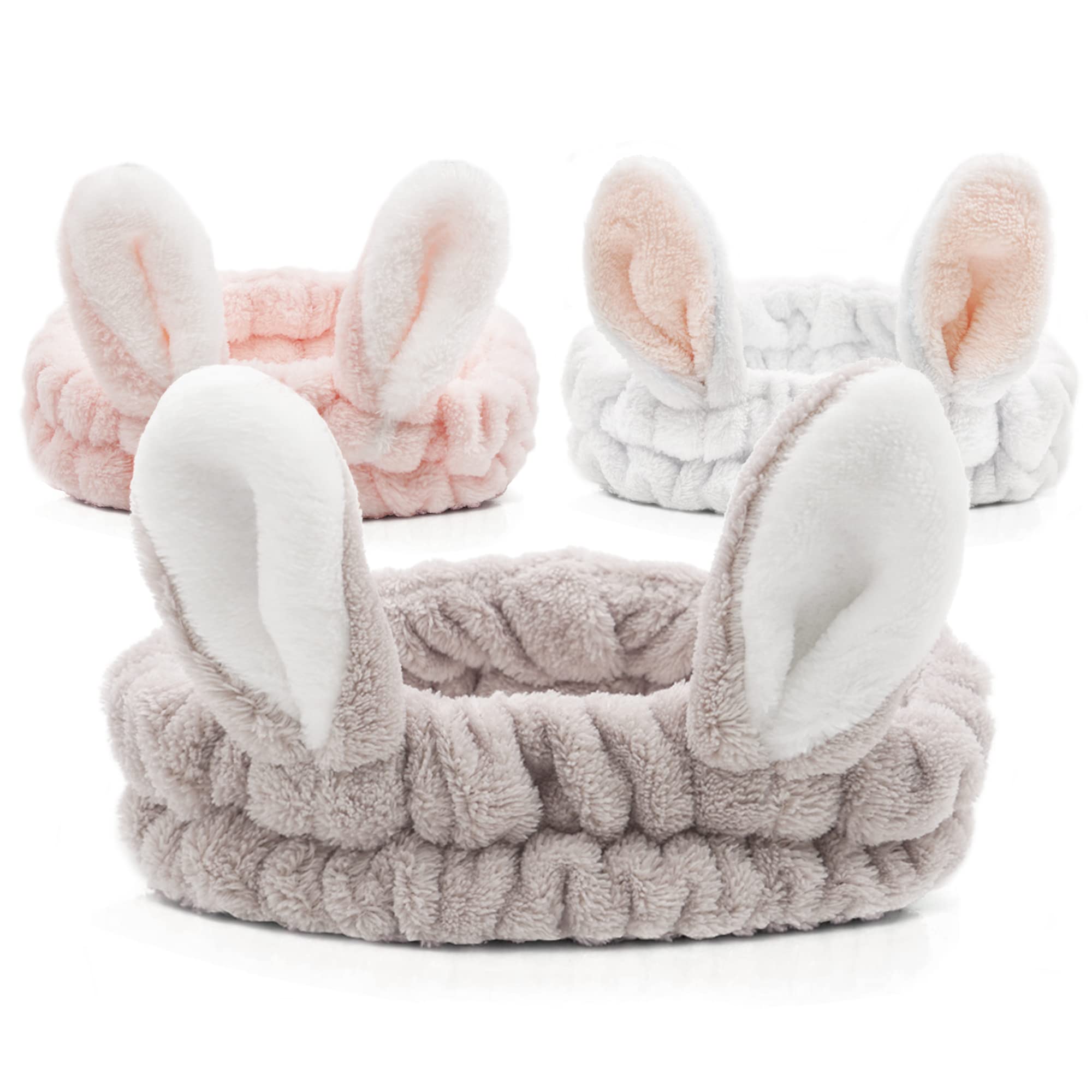 JOYOYO 3 Pack Bunny Ear Spa Headbands for Women & Girls - Soft Coral Fleece Elastic Hair Bands for Makeup, Washing Face, Shower, Bath & Skincare - Perfect for Beauty, Sports & Relaxation at Home or Salon