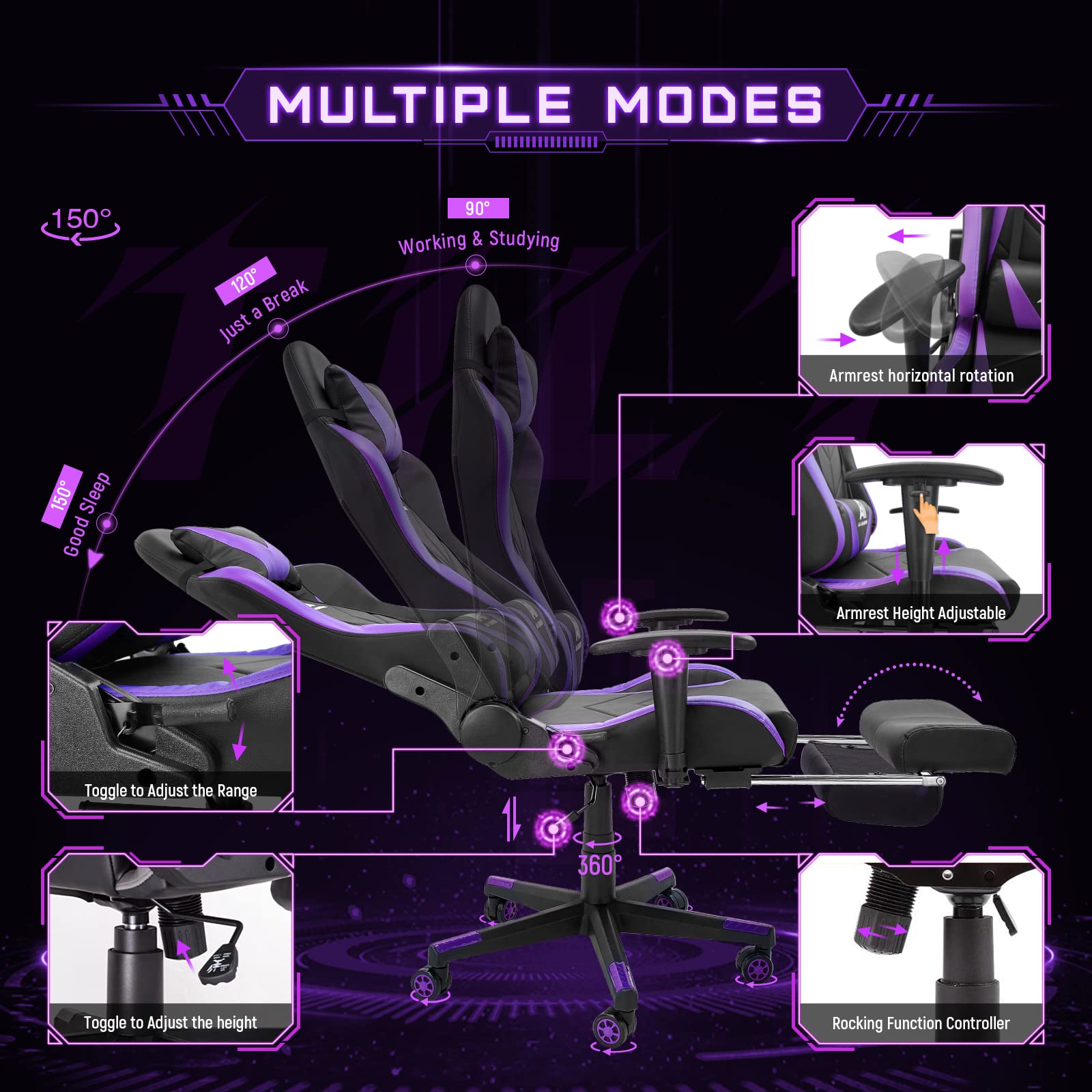 Premium Gaming Chair - Ergonomic High Back Racing Office Chair with Adjustable Lumbar Support & Footrest, 360° Swivel - Black Purple | Perfect for PC Gaming, Esports, Home Office & Streaming Setup
