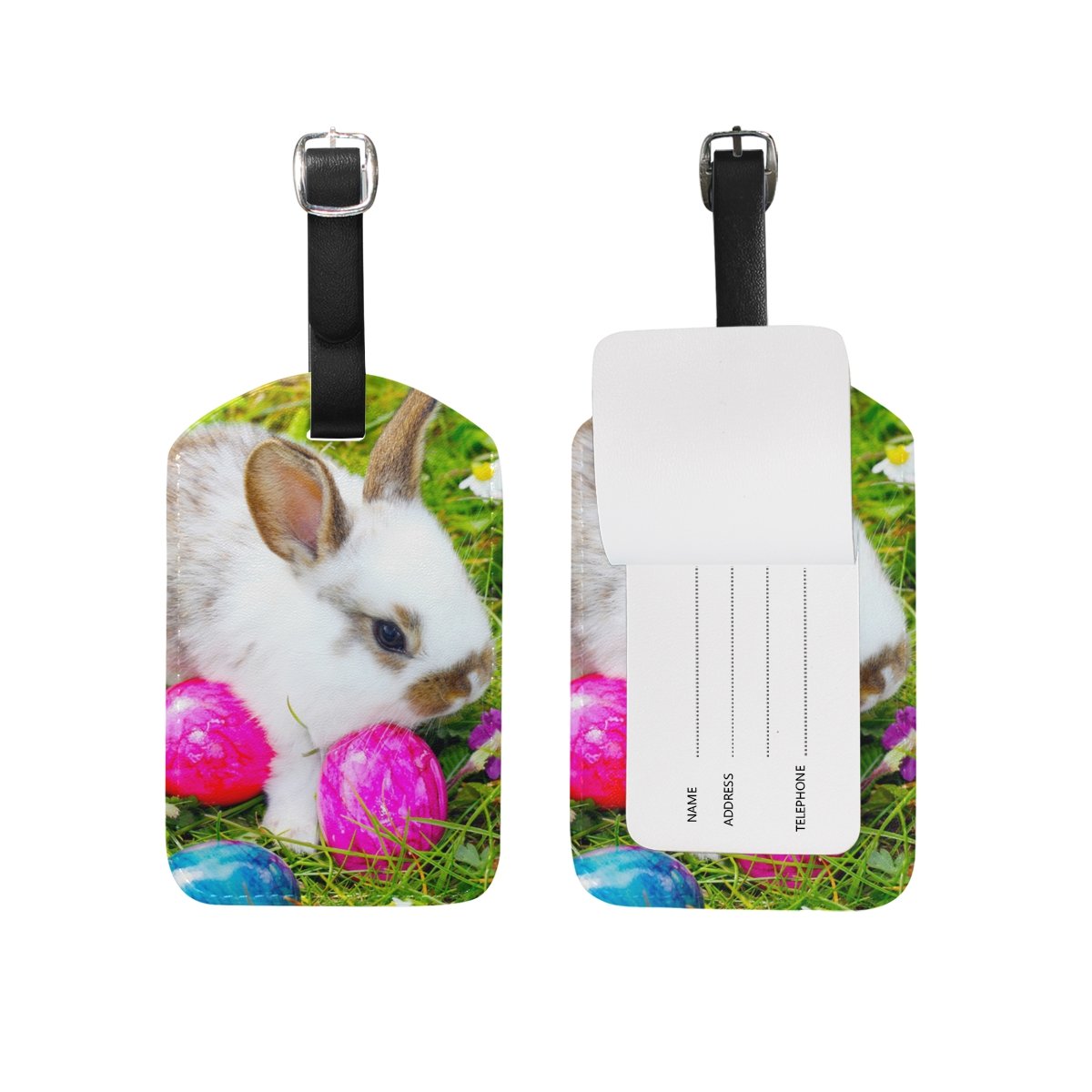 Cute Bunny Rabbit Egg Flower Luggage Tag - PU Leather Baggage Identifier for Travel Suitcases & Backpacks - Perfect for Airports, Cruise Trips & Kids' School Bags