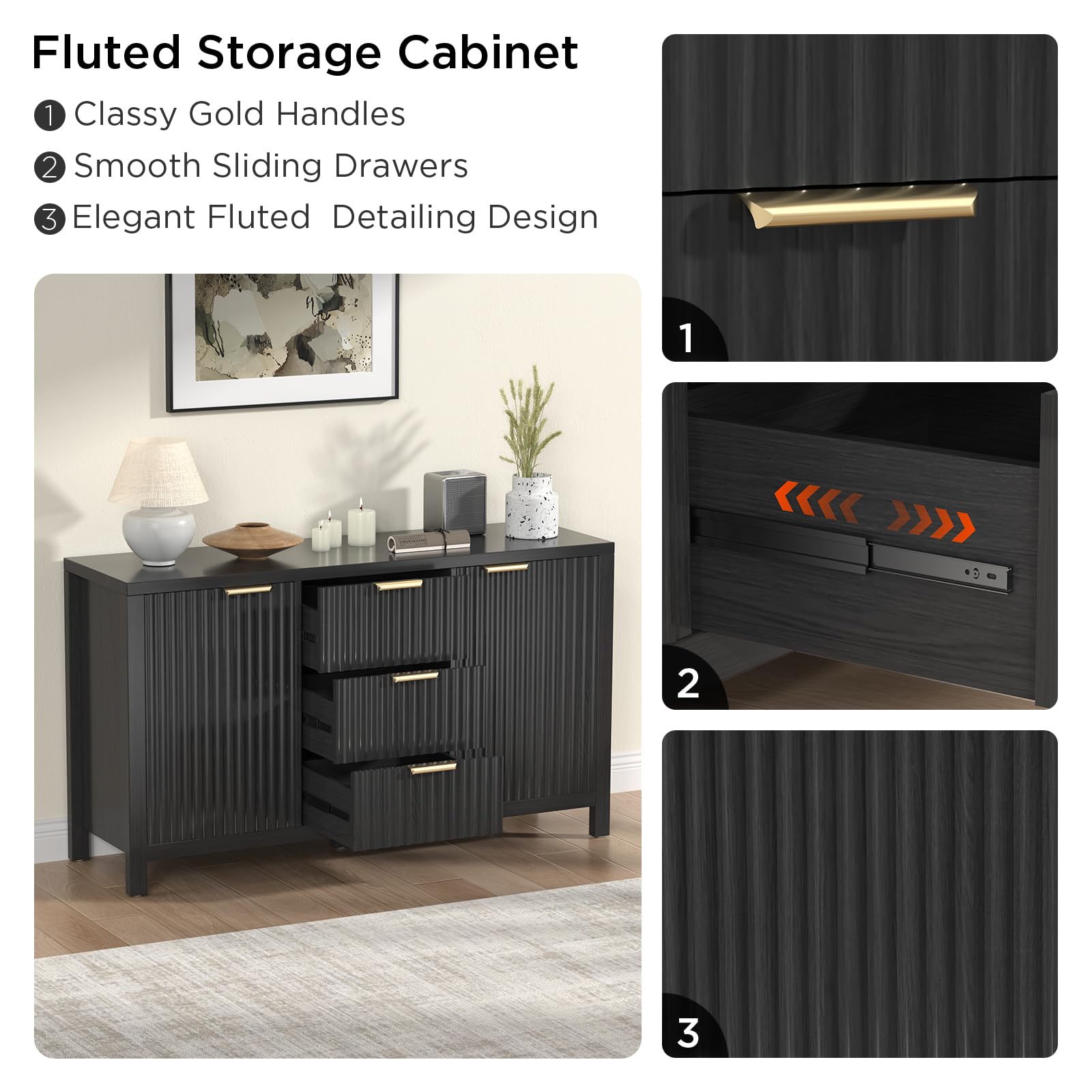 Fluted Storage Cabinet with 2 Doors & 3 Drawers - 47