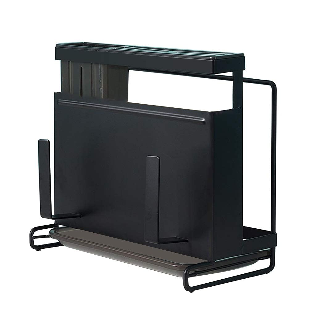Premium 6-Slot Knife Block Holder with Lid & Cutting Board Rack - Space Saving Countertop Organizer for Kitchen Knives | Black Wooden Storage Stand for Chefs & Home Cooks (Perfect for Small Kitchens & Countertop Organization)