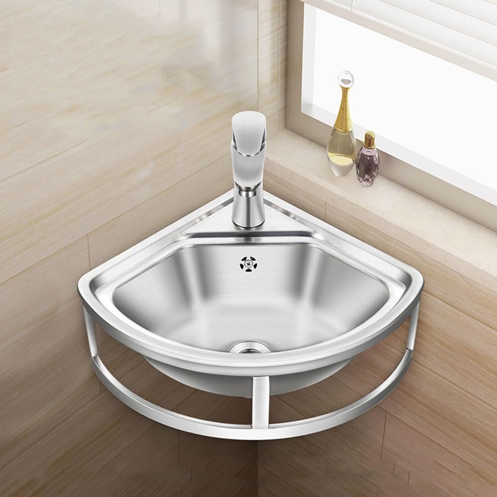 Stainless Steel Wall Mounted Bathroom Sink - 304 Single Bowl Corner Vanity Sink with Faucet, Drain & Towel Bar - Perfect for Small Bathrooms, Powder Rooms & RV Wash Basins