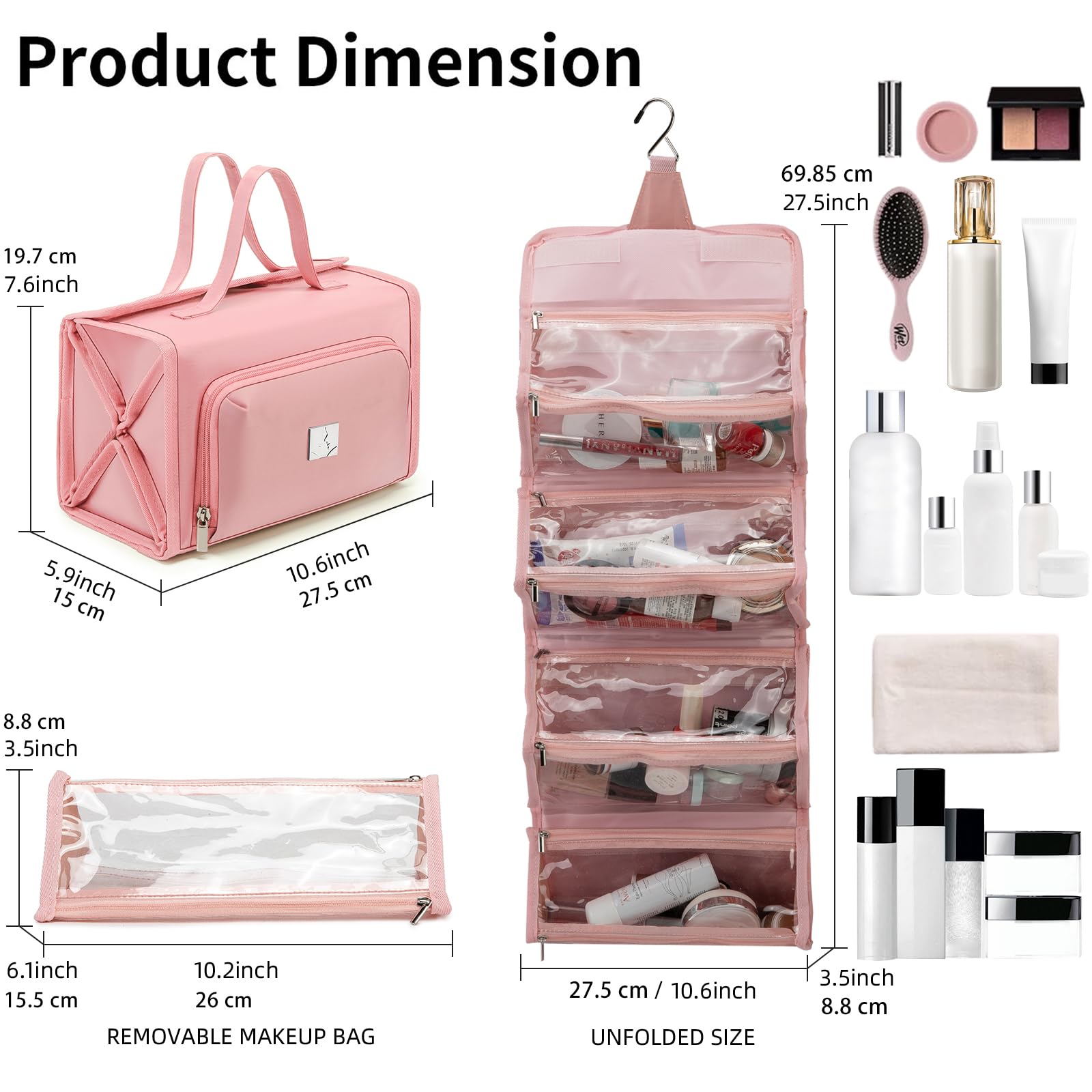 Waterproof Hanging Travel Makeup Bag for Women - Extra Large Roll Up Cosmetic Organizer with 4 Clear TSA Approved Pouches & Jewelry Compartment (Light Red) | Perfect for Air Travel, Vacation & Daily Beauty Storage