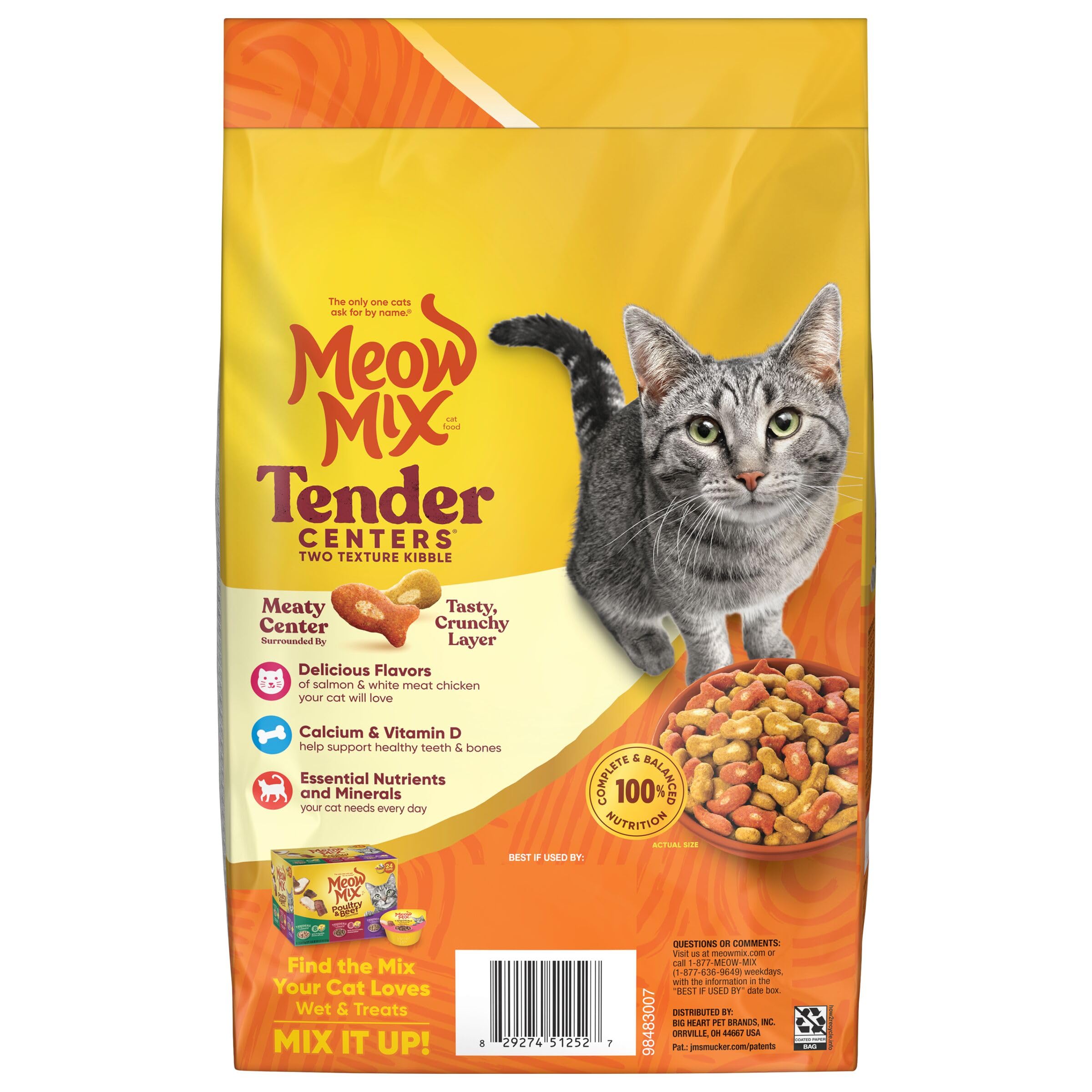 Meow Mix Tender Centers Dry Cat Food - Salmon & Chicken Flavor, 3lb Bag - Crunchy Outside with Meaty Inside for Adult Cats - Perfect for Daily Feeding & Weight Management