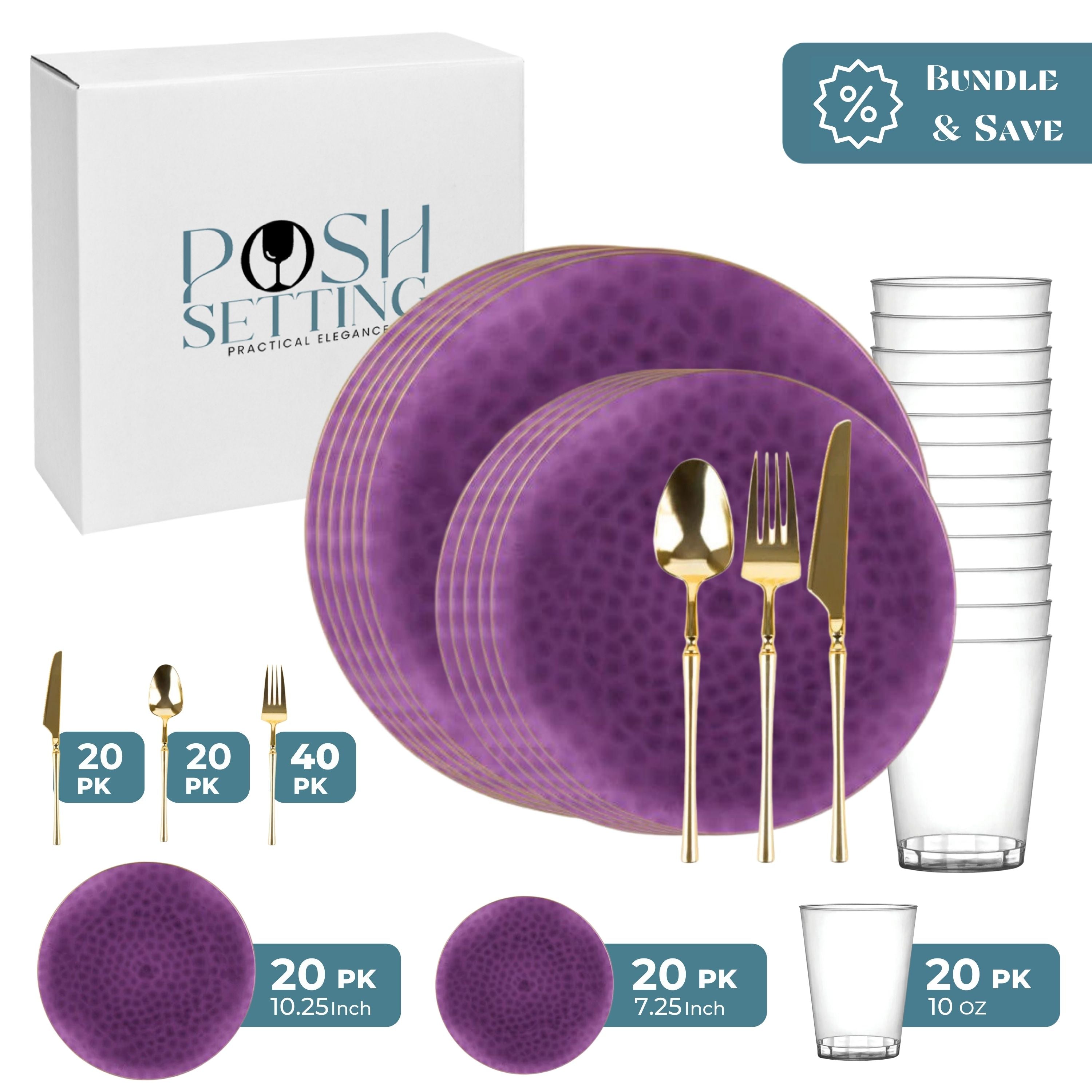 Purple and Gold Plastic Party Bundle - Organic Hammered Disposable Tableware Set for Birthday, Wedding & Holiday Celebrations