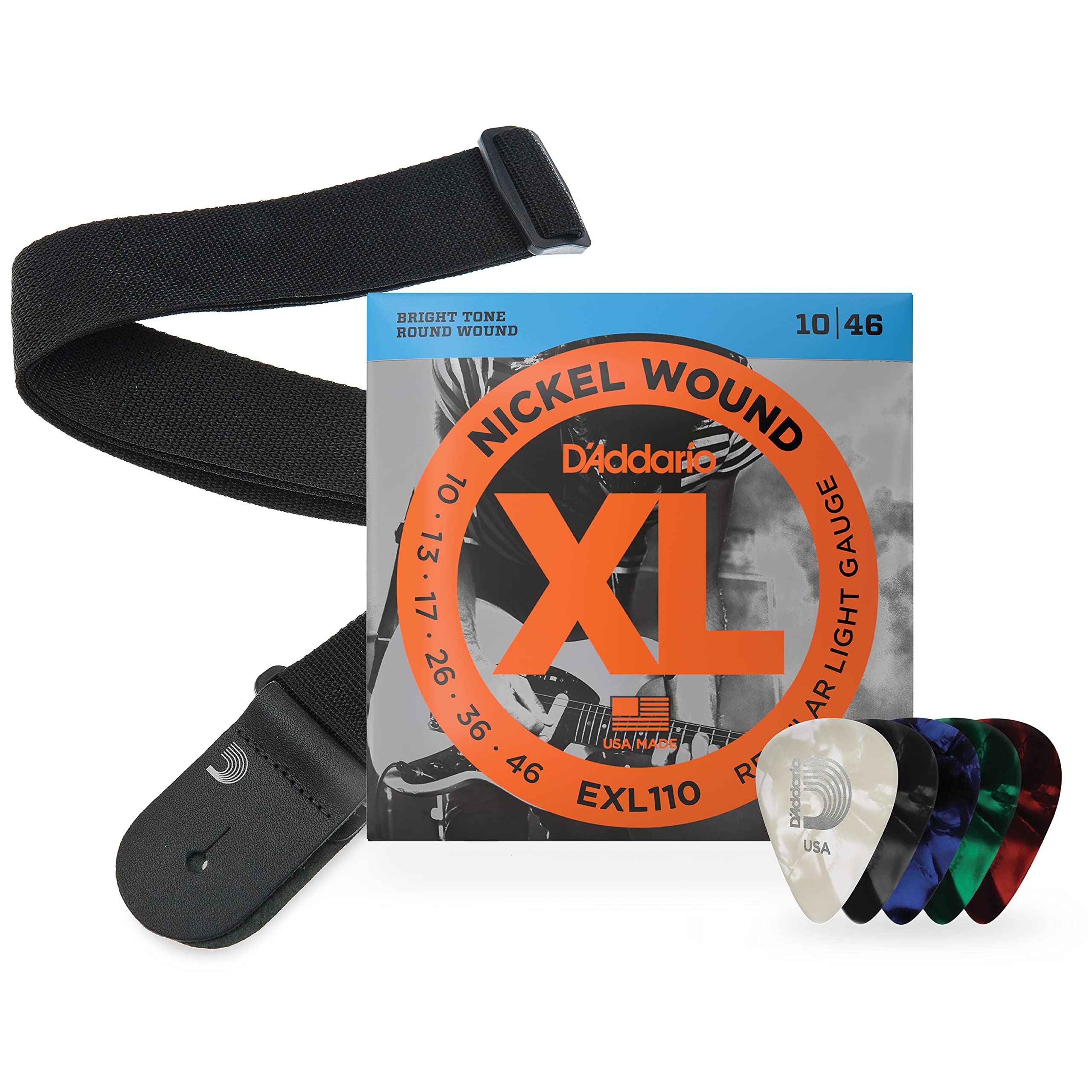 D'Addario EXL110 XL Nickel Wound Electric Guitar Strings 10-46 Light Gauge with Poly Pro Guitar Strap & 10 Pack Medium Celluloid Picks - Complete Beginner Kit for Electric Guitar Players - Perfect for Practice, Studio Recording & Live Performances