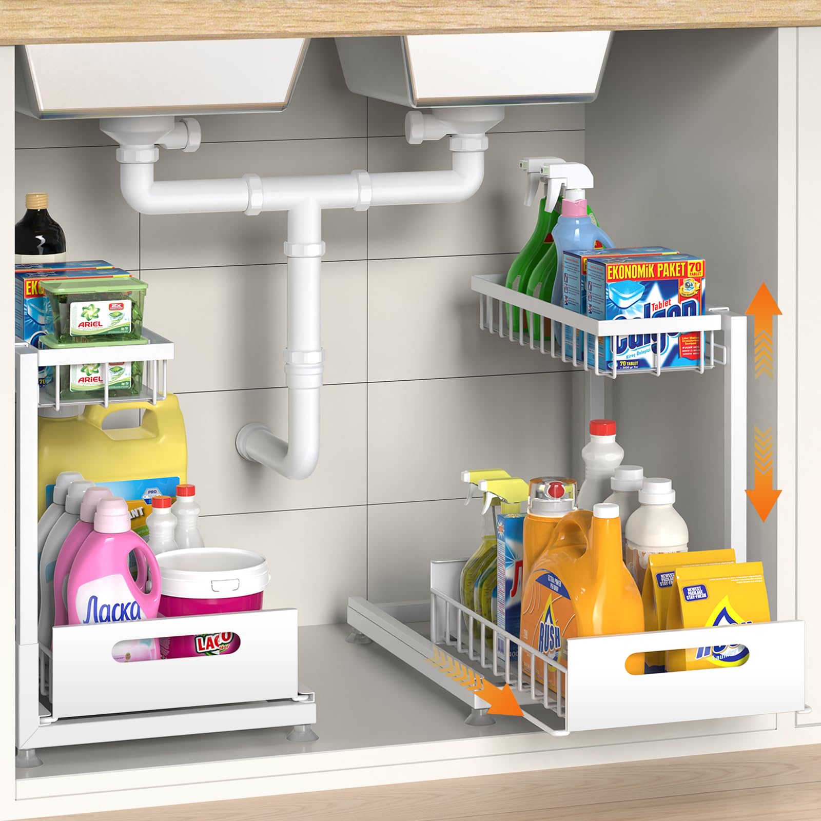 2 Pack Under Sink Organizer - Premium 2-Tier Pull Out Storage Rack, Adjustable Height & Easy Installation | White Metal Cabinet Organizer for Kitchen & Bathroom | Perfect for Small Spaces & Clutter-Free Storage