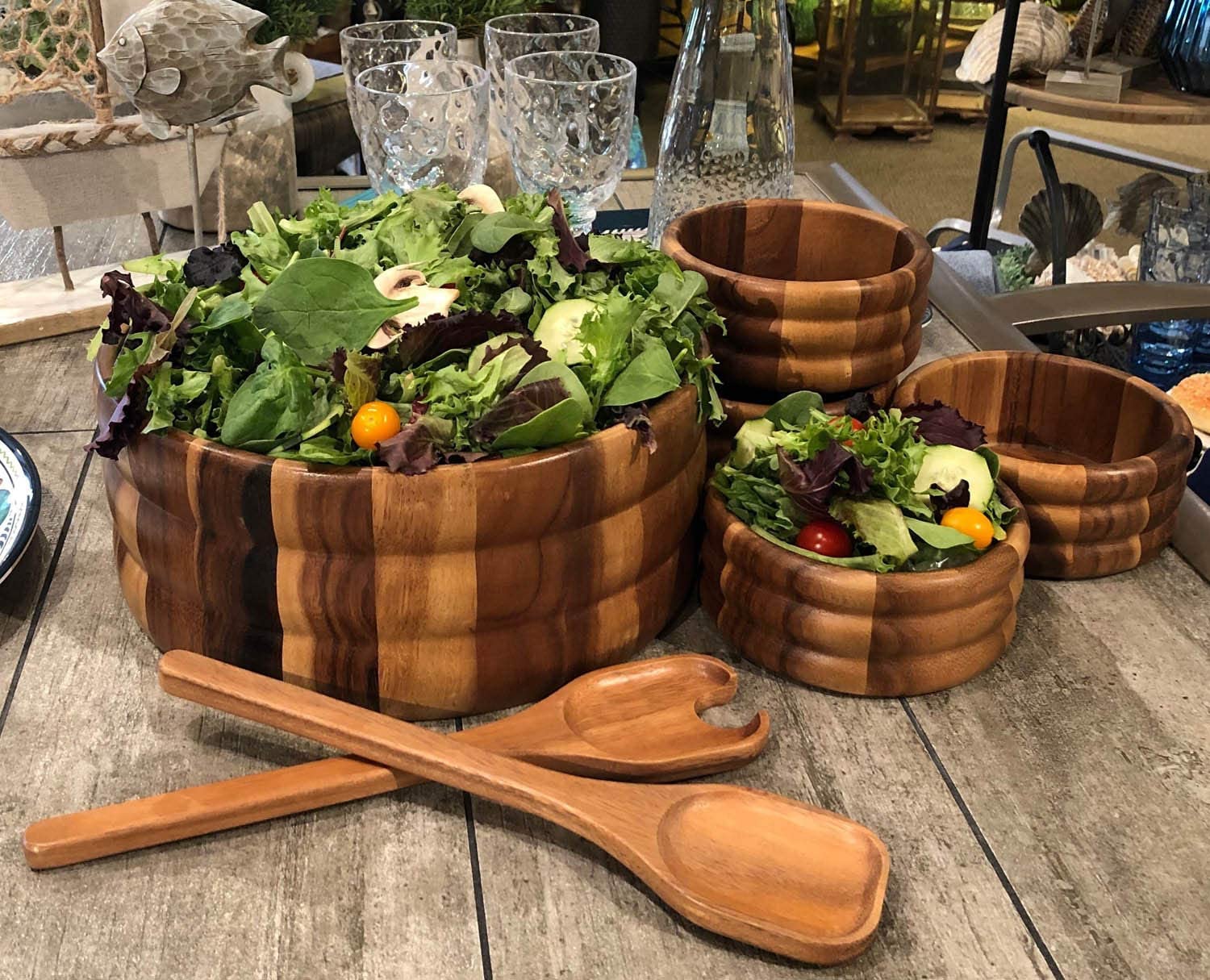 7-Piece Extra Large Wooden Salad Bowl Set with 4 Individual Bowls & 2 Serving Utensils - Perfect for Family Dinners, Picnics, and Entertaining Guests