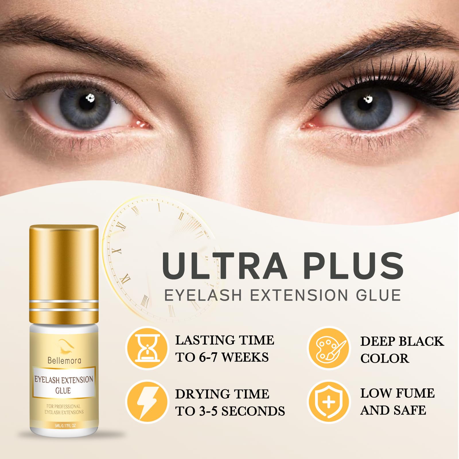 Professional Eyelash Extension Glue - No Fume, Fast Drying (2-4 Sec), Long Lasting (7 Weeks Retention), Waterproof Lash Adhesive for Semi-Permanent Extensions - Perfect for Salon Use & DIY Home Lash Applications