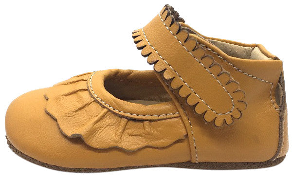 Livie & Luca Girls' Butterscotch Leather Mary Jane Shoes with Ruffles & Hook-and-Loop Closure - Perfect for School, Parties & Special Occasions