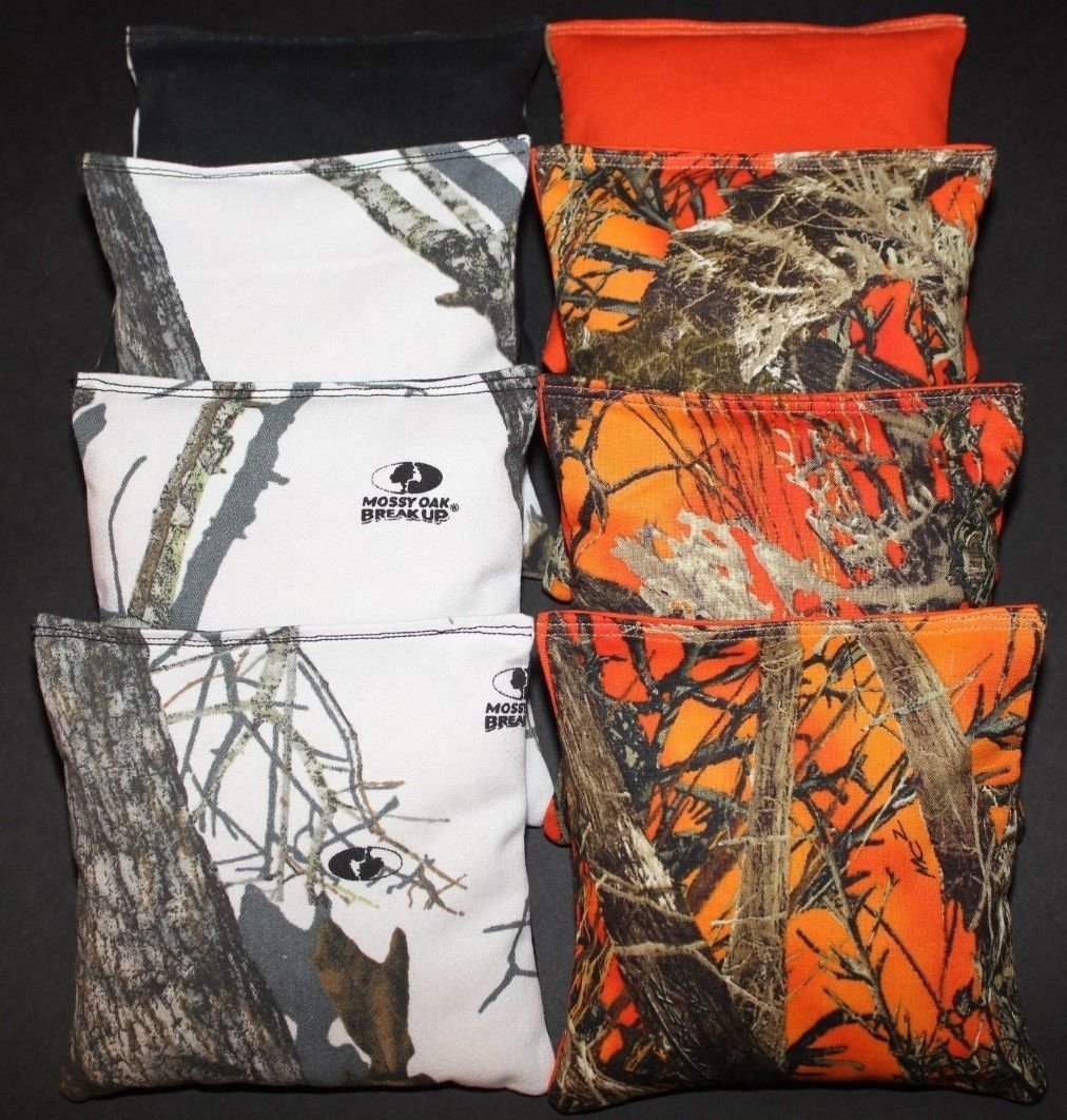 Premium All-Weather Cornhole Bean Bags - 8 Pack Resin Filled Snow White & Orange Tree Camo Bags for Outdoor Games, Tailgating, Backyard Parties, and Picnics | BackYardGamesUSA