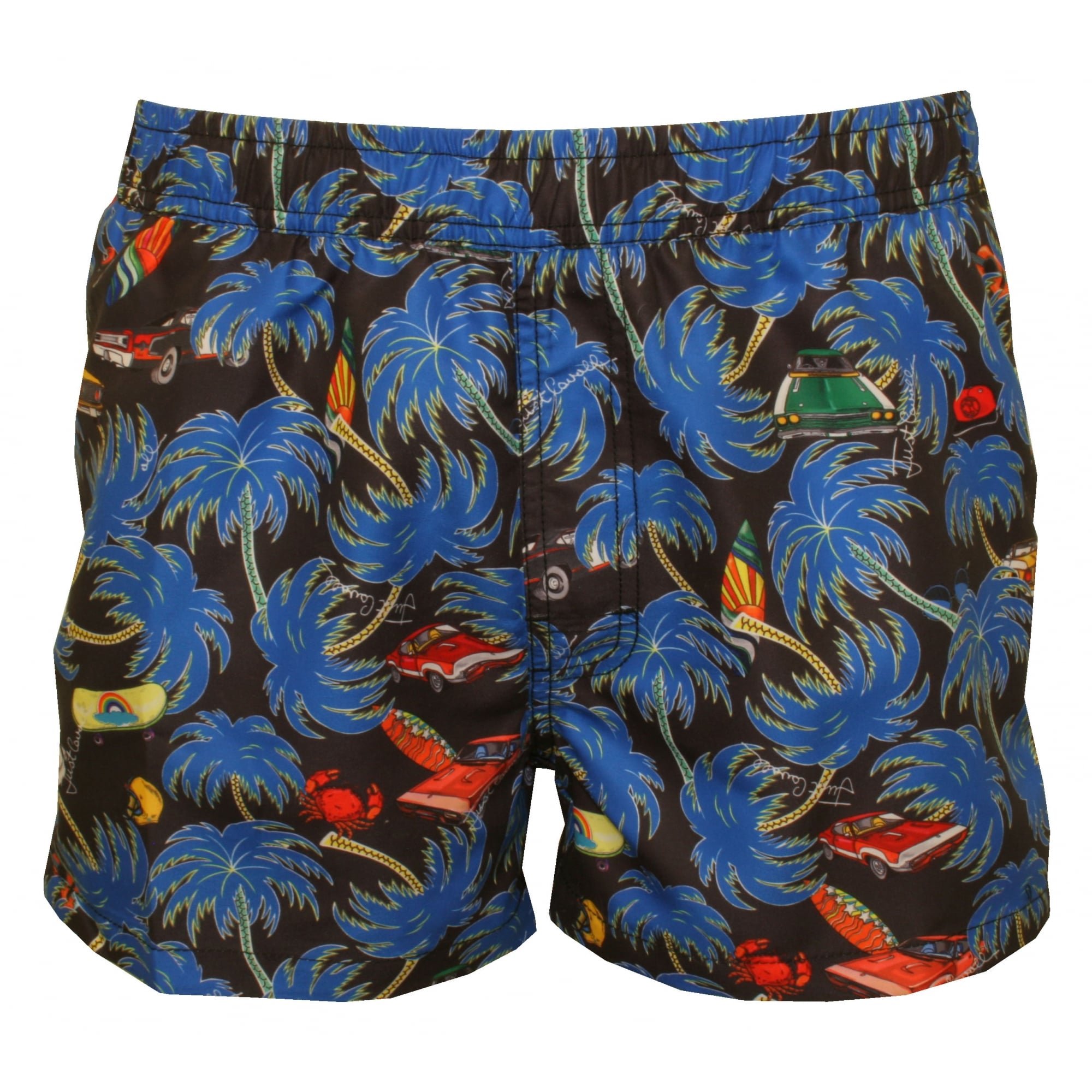 Just Cavalli Surf & Cadillacs Men's Swim Shorts - Quick-Dry, Comfortable Beach & Pool Swimwear for Summer Vacation, Surfing, and Water Sports (Black/Blue)