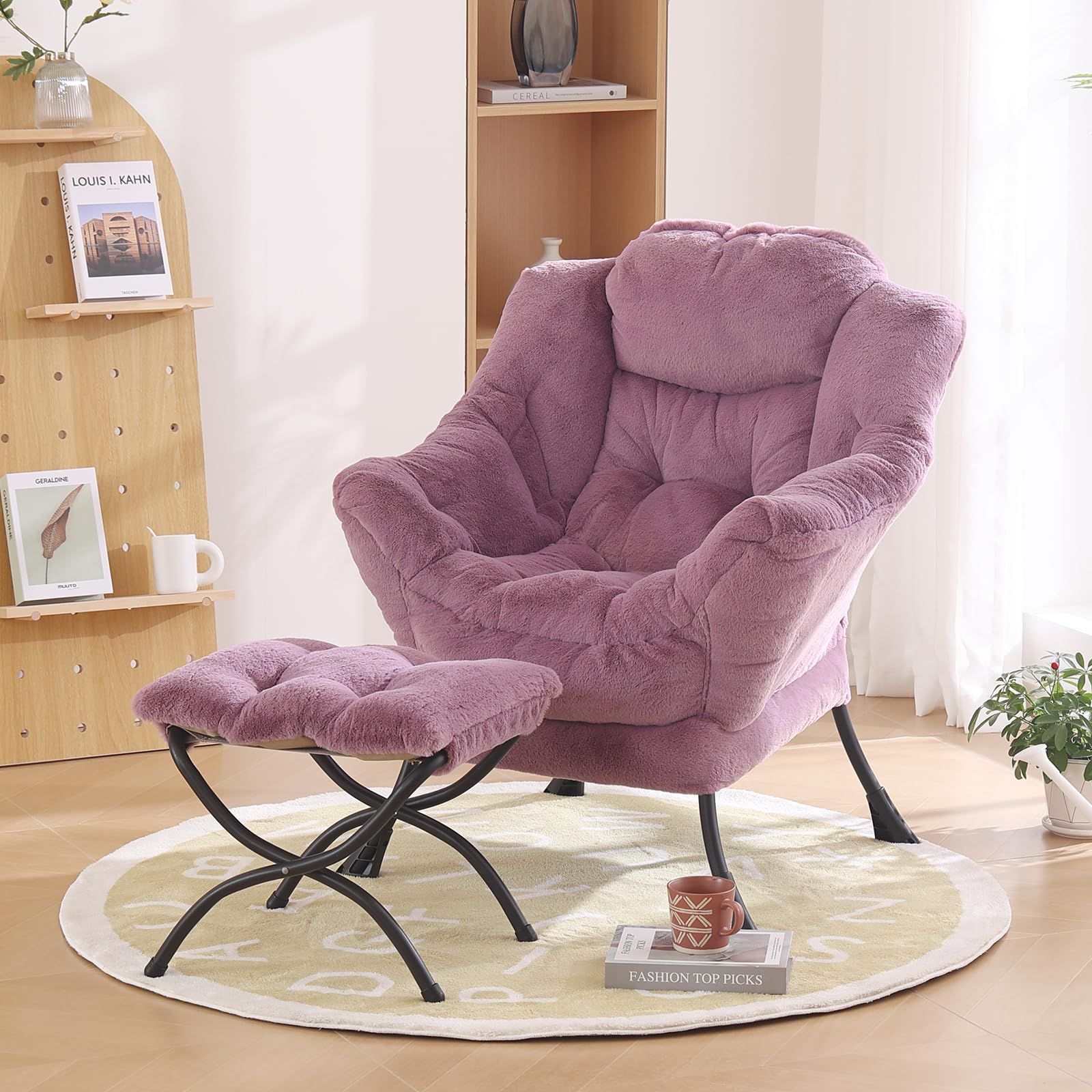 Oversized Lounge Chair with Ottoman - Modern Accent Chair with Folding Footrest, Plush Purple Reading Chair for Bedroom, Study & Living Room - Perfect for Relaxing, Reading & Small Space Decor