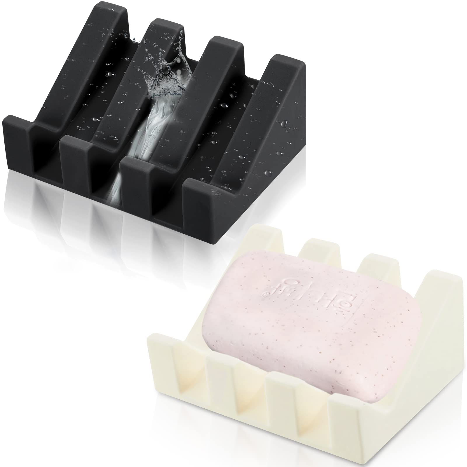 2-Pack Self-Draining Silicone Soap Dish Holder - Waterfall Design Soap Tray with Drain Holes for Shower, Kitchen & Bathroom - Keeps Soap Dry & Clean (Black & Cream White) - Perfect for Bathroom Countertops, Kitchen Sinks & Shower Shelves