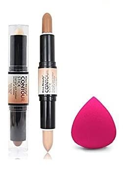 Ashavhuda 2-in-1 Dual-Ended 3D Contour & Highlighter Stick with Pink Beauty Blender Sponge - 2 Pack for Professional Makeup & Travel Touch-Ups