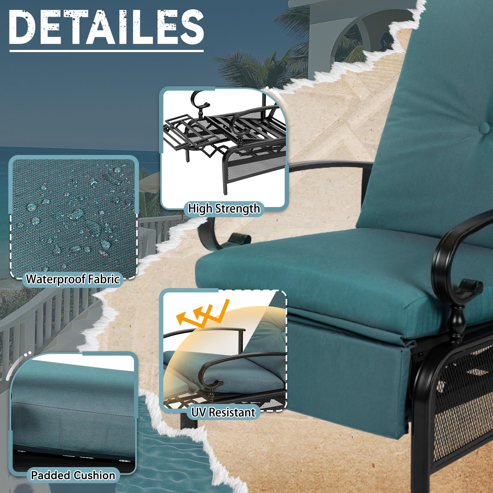 Adjustable Patio Lounge Chair - Outdoor Reclining Chaise with Removable Cushions & Durable Metal Frame - Perfect for Poolside, Backyard, or Beach Relaxation - Blue