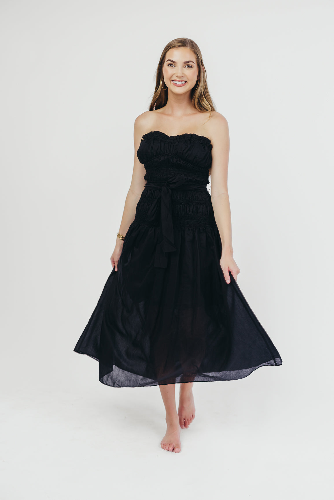 Devin Strapless Midi Dress with Adjustable Sash - Elegant Black Formal Dress for Weddings, Parties & Special Occasions