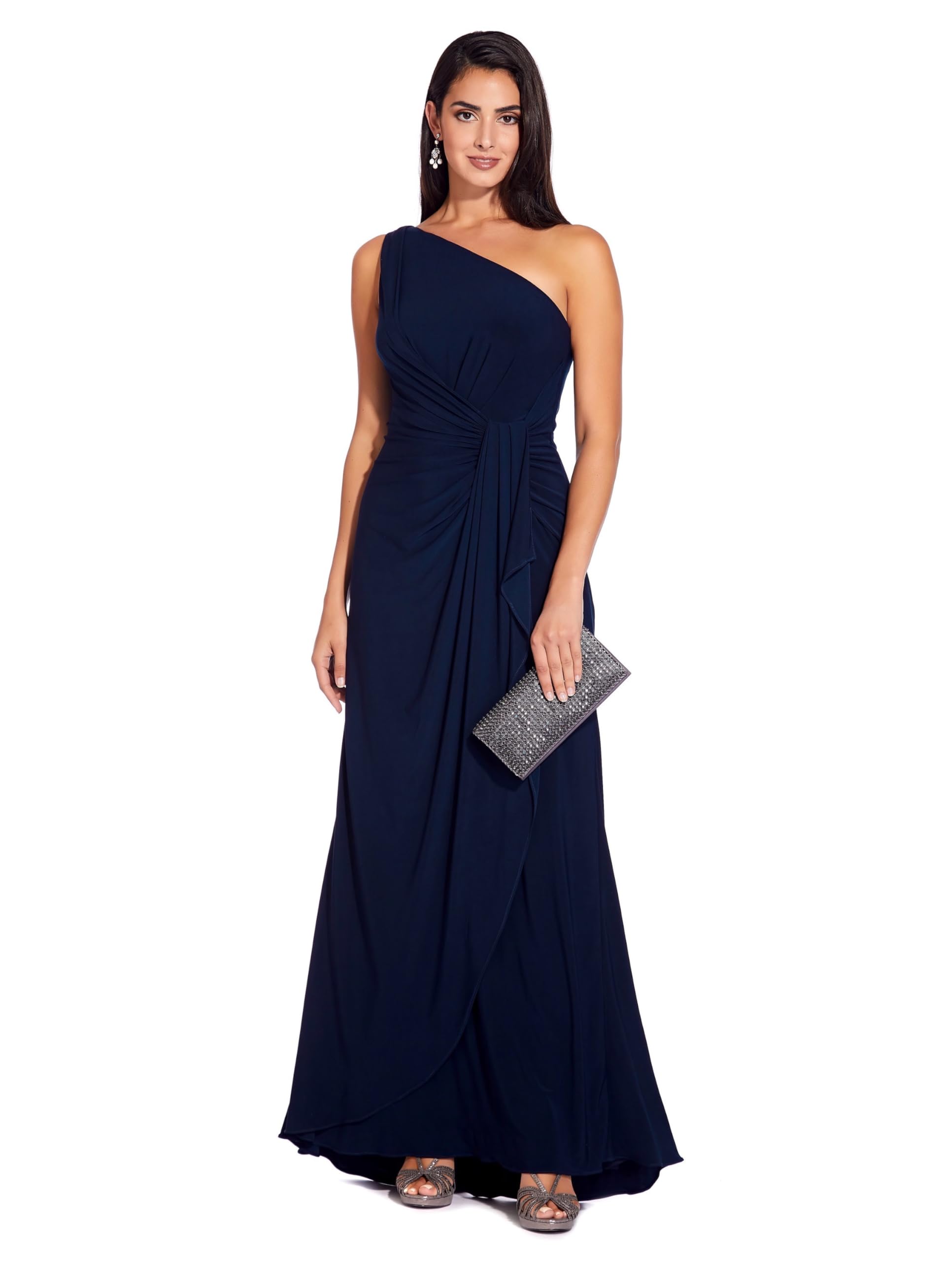 Adrianna Papell Women's One Shoulder Jersey Dress in Midnight Blue - Elegant Evening Gown for Cocktail Parties, Weddings & Special Occasions