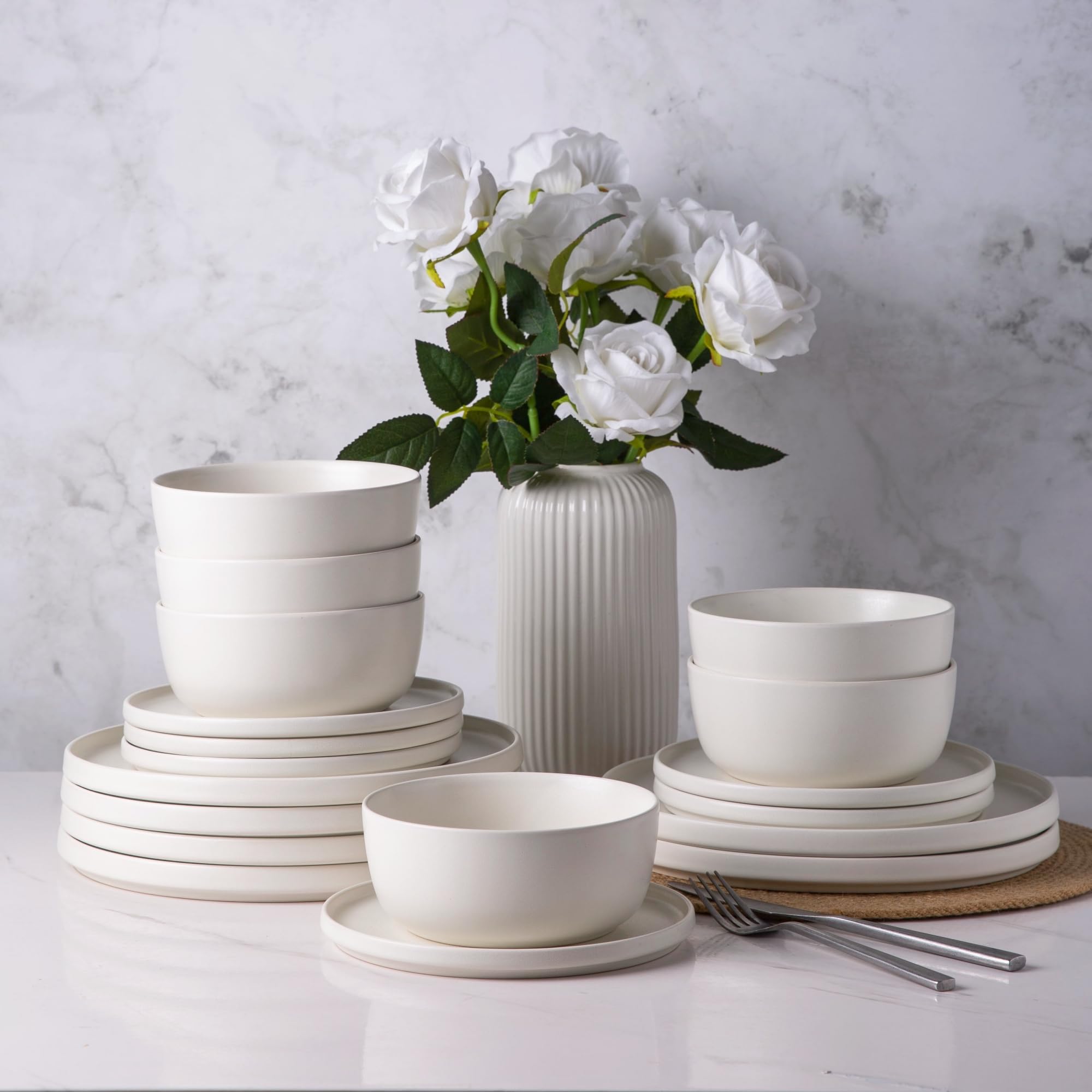 AmorArc 18-Piece Stoneware Dinnerware Set for 6 - Chip & Crack Resistant Ceramic Plates & Bowls | Dishwasher & Microwave Safe | Matte White Round Dishes | Perfect for Family Dinners, Restaurants & Entertaining