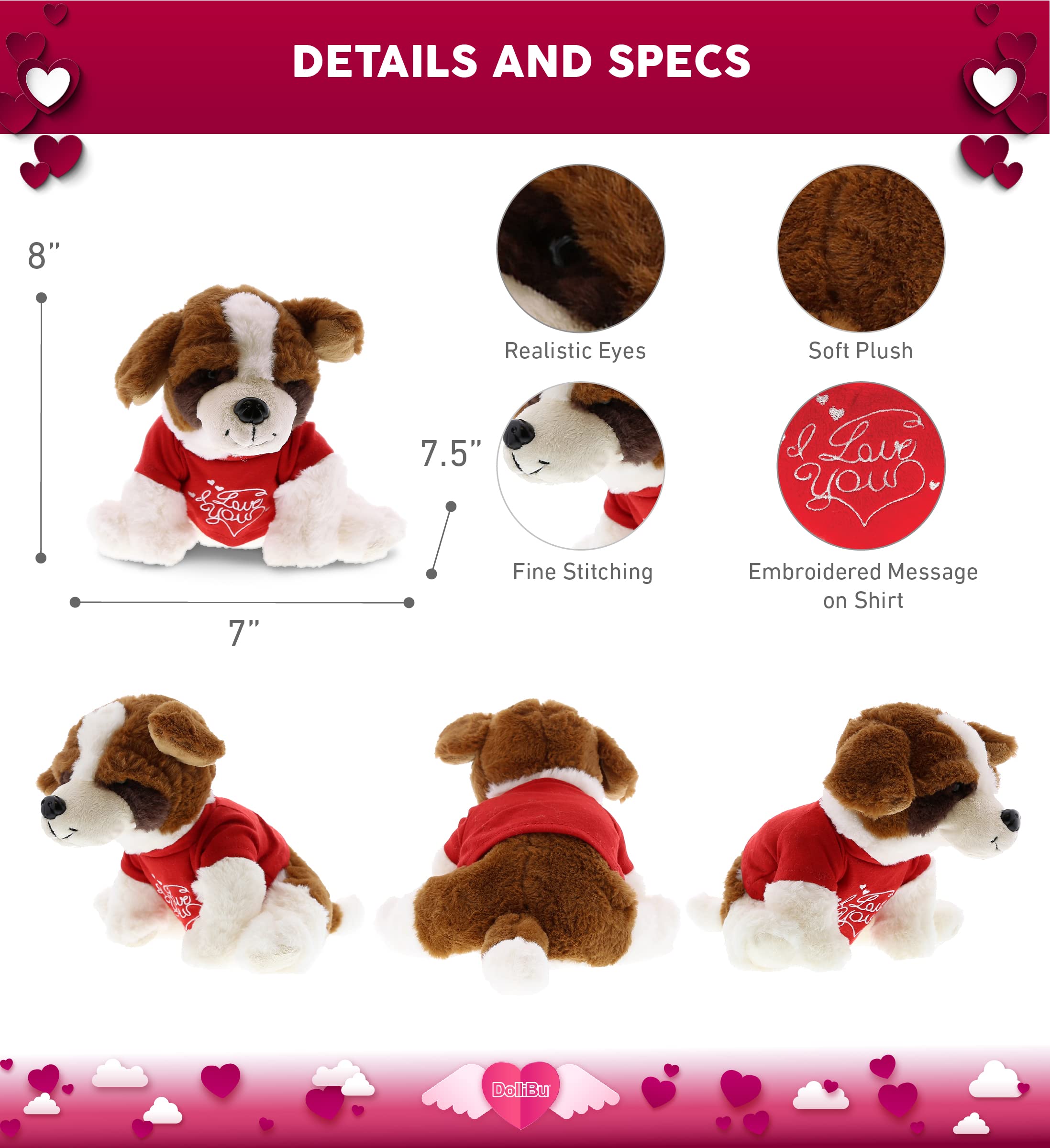DolliBu I Love You Valentine Plush St. Bernard Dog - Personalized Cute Stuffed Animal with Red Shirt | Perfect Gift for Valentine's Day, Birthday & Anniversary | 7.5 Inch Soft Toy for Couples, Kids & Pet Lovers | Great for Bedroom Decor, Gift Giving & Special Occasions