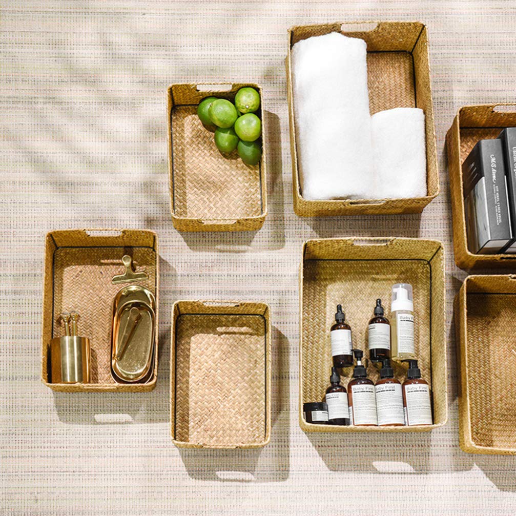 4-Piece Rectangular Wicker Storage Baskets with Handles - Seaweed Makeup Organizer Set for Cosmetics, Toys & Sundries | Perfect for Bedroom, Bathroom, Wardrobe & Home Organization