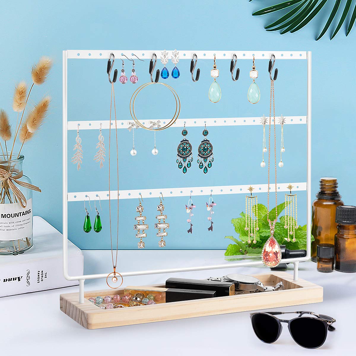 VERGILIUS 3-Tier Jewelry Organizer Stand - White Earring & Necklace Holder Display Tree for Earrings, Necklaces, Bracelets - Perfect for Bedroom, Bathroom, Dresser & Travel Jewelry Storage