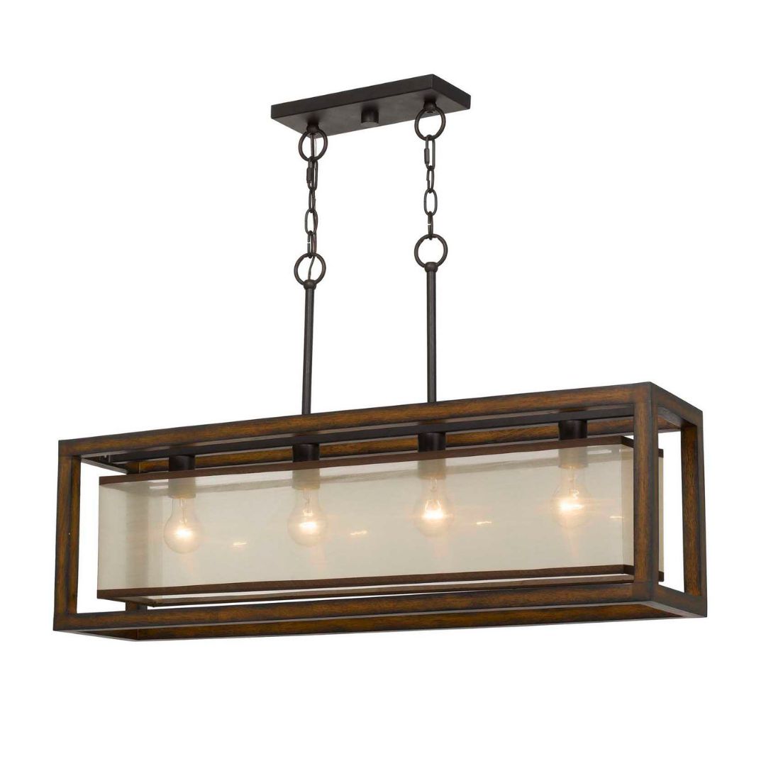 60W x 4 Rubber Wood Island Chandelier with Organza Shade - Modern Farmhouse Kitchen Lighting for Dining Room, Breakfast Nook & Kitchen Island