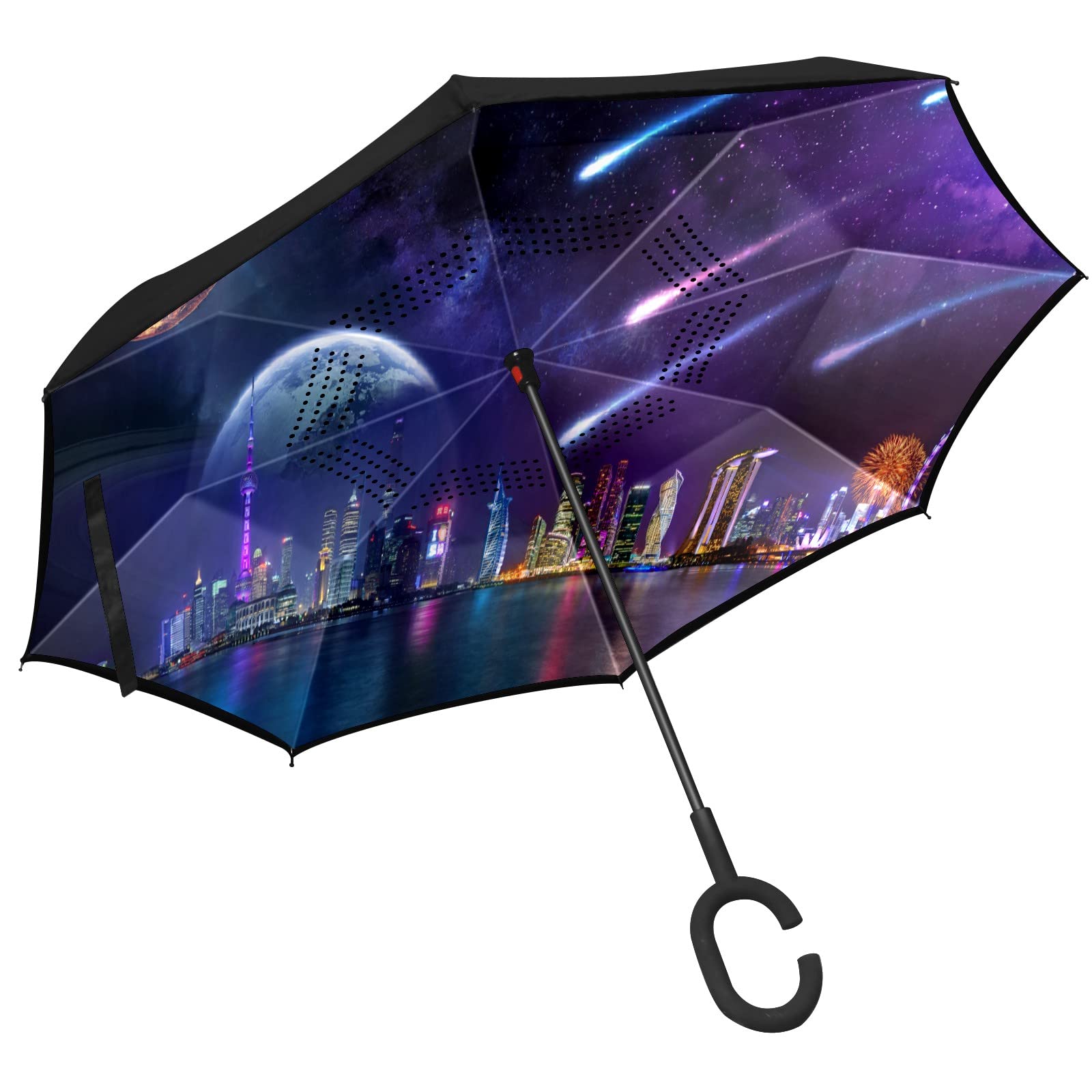 Meteorites Planets Car Reverse Umbrella - Inverted Design with C-Shaped Handle, Anti-UV, Waterproof & Windproof Straight Umbrella for Rainy Days - Perfect for Car Use, Commuting, and Outdoor Activities