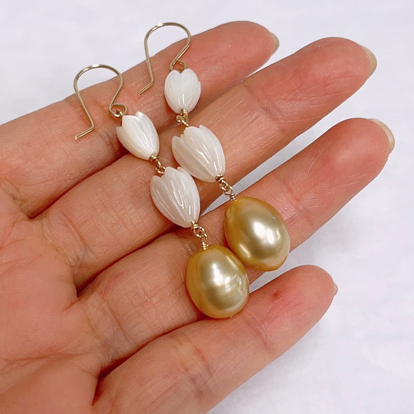 Exquisite Pikake Dangle Earrings with Genuine Gold South Sea Pearls (E615) - Perfect for Weddings, Parties & Special Occasions