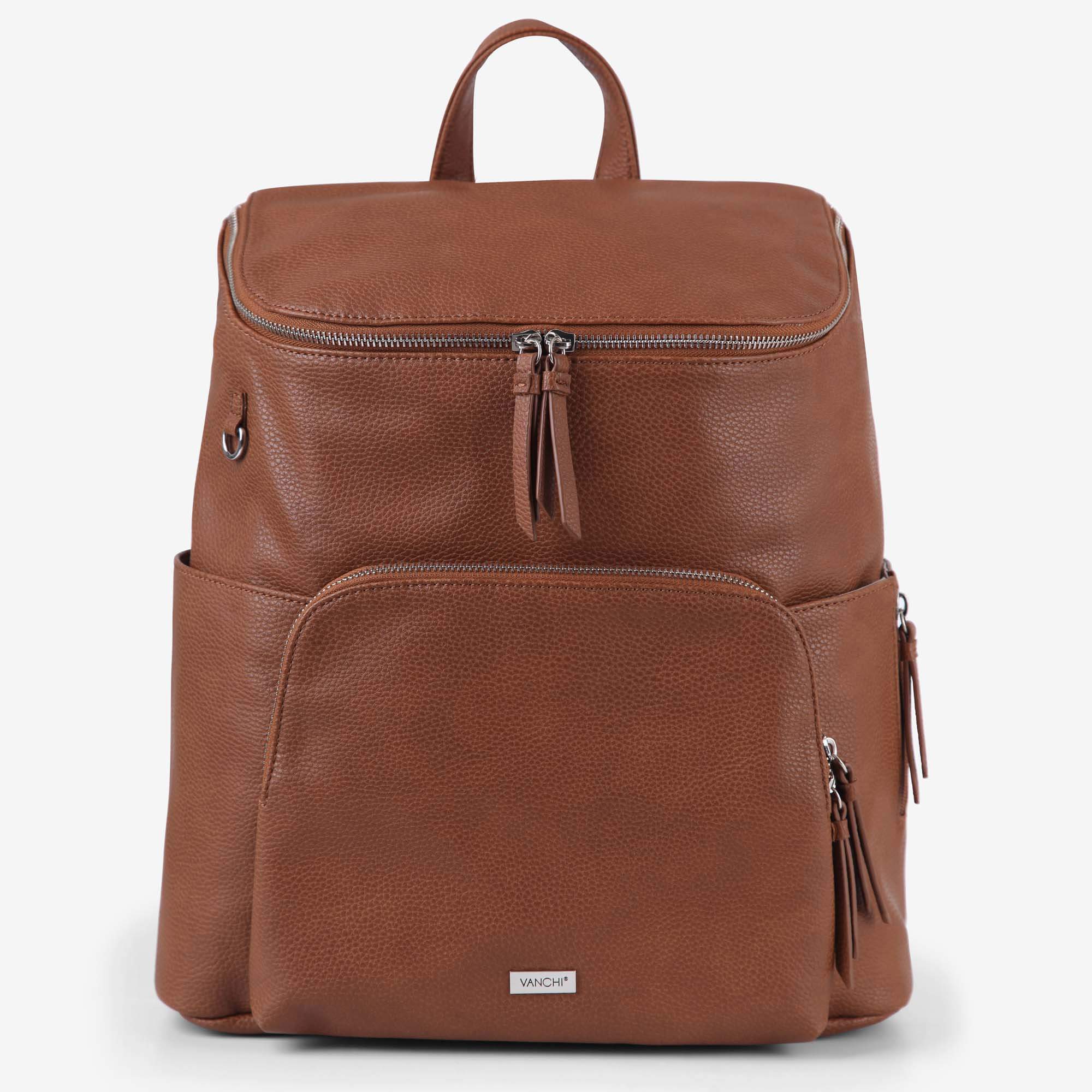 Vanchi Vegan Leather Frankie Everyday Backpack for Women & Men - Pebbled Tan - Stylish Laptop Bag for Work, Travel & College