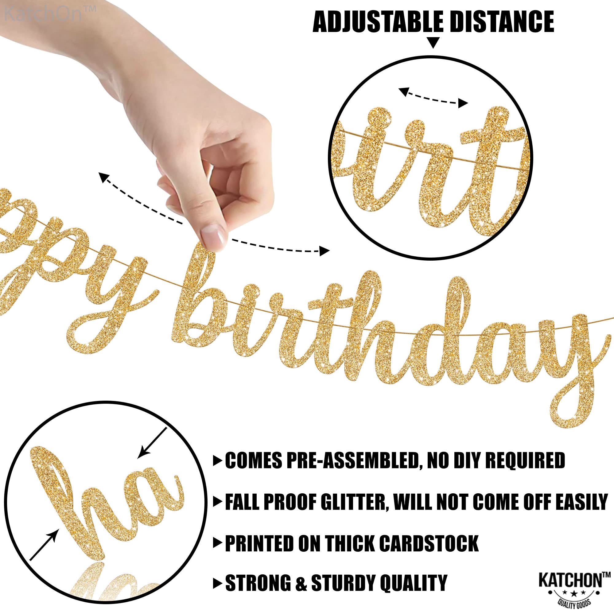 KatchOn Gold Glitter Happy Birthday Banner - 10 Feet Pre-Strung Party Decor for Women, Girls, Bridal Showers & Birthday Celebrations | Ready-to-Hang Gold Foil Sign for Wall Decorations
