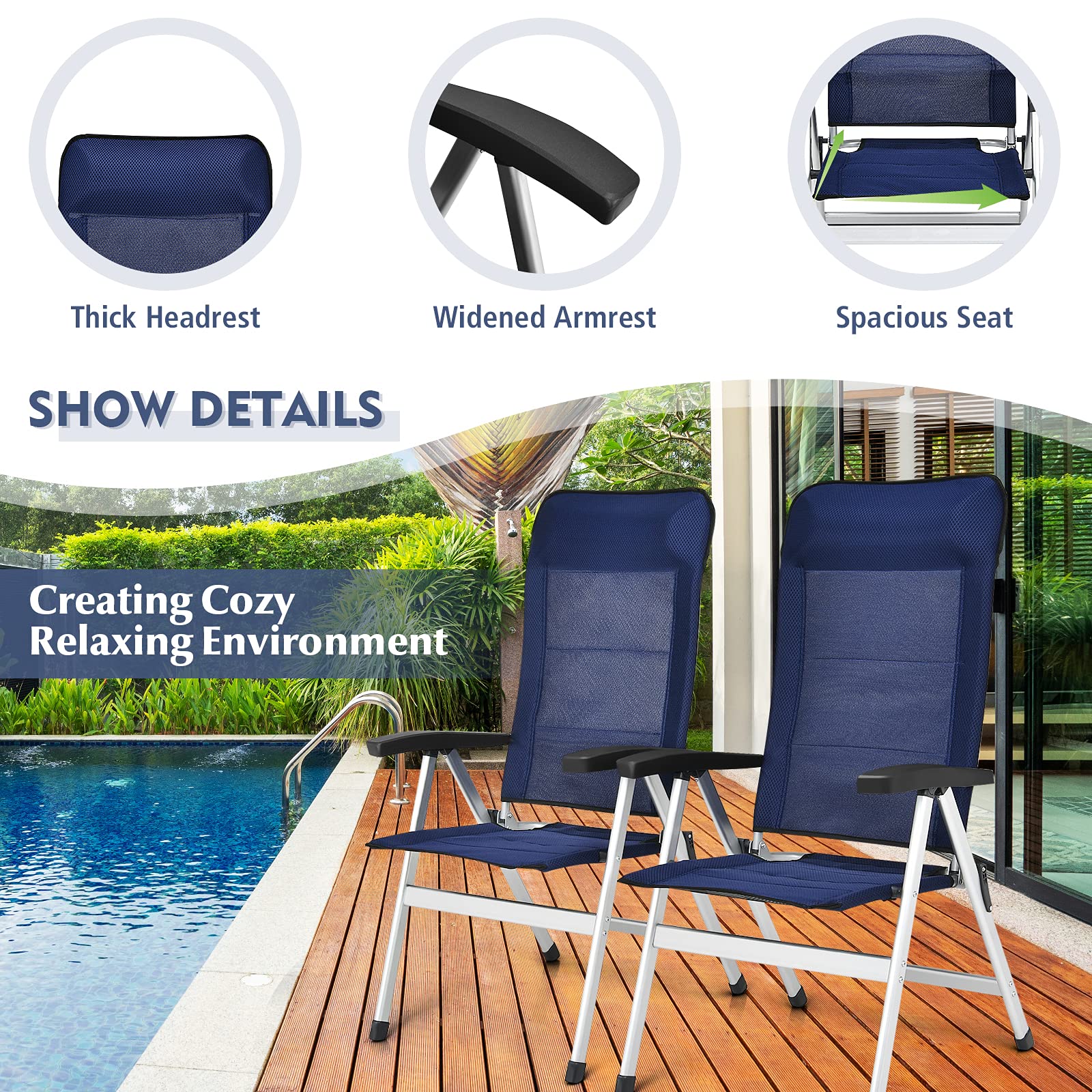 Giantex Set of 4 Folding Patio Chairs - Adjustable High Back Recliner with Headrest & Armrests, 7-Level Camping Chairs with Safety Lock for Outdoor, Lawn, Porch & Balcony - Perfect for Backyard BBQs, Poolside Relaxing & Garden Parties (Blue)