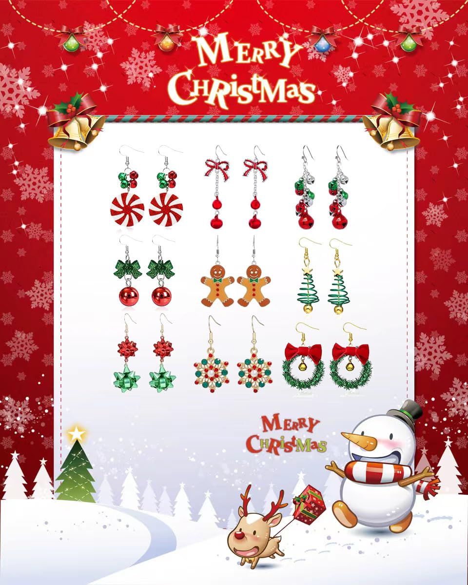 9 Pairs Christmas Dangle Stud Earrings Set - Festive Holiday Jewelry with Christmas Tree, Jingle Bell & Snowflake Designs for Women | Perfect for Xmas Parties, Gift Giving & Thanksgiving Celebrations