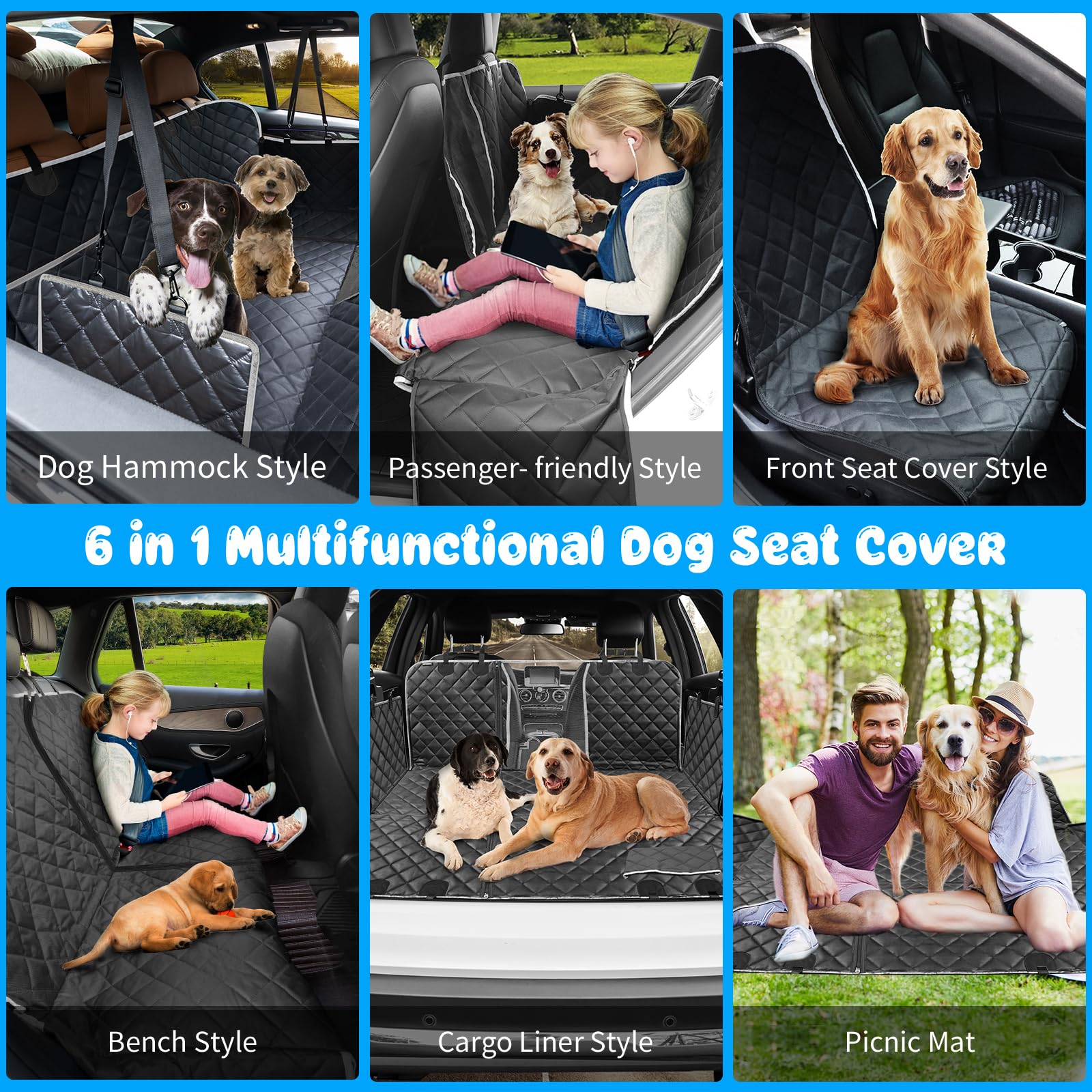 URPOWER 6-in-1 Waterproof Dog Car Seat Cover for Back Seat - 40/60 Split Pet Hammock with Mesh Window & Side Flaps - Universal Fit for Cars, SUVs & Trucks - Perfect for Road Trips, Daily Commutes & Pet Travel Protection
