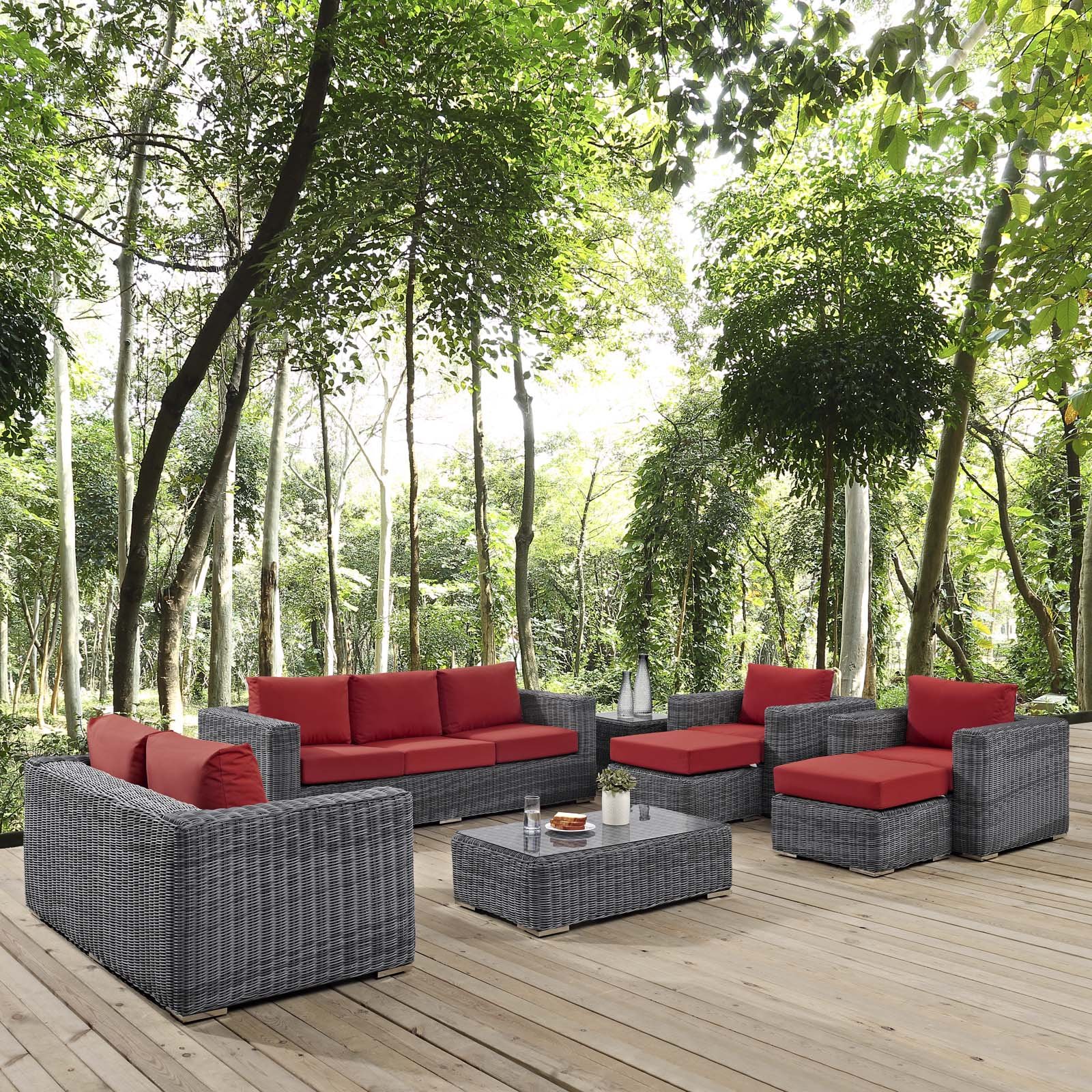 Modway Summon 9-Piece Outdoor Patio Sectional Sofa Set with Sunbrella Cushions in Canvas Red - Perfect for Backyard, Poolside & Garden Relaxation