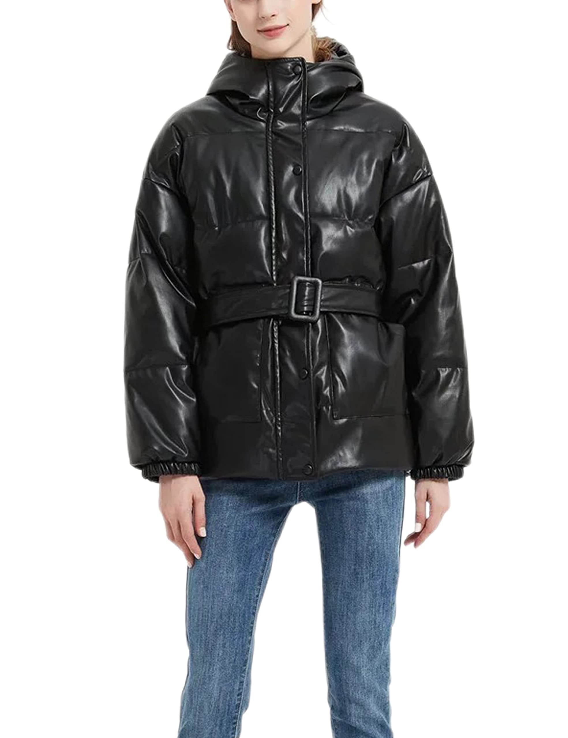 Ailoqing Women's Faux Leather Puffer Jacket with Hood - Winter Warm Padded Bubble Coat for Outdoor Activities, Streetwear & Casual Fashion