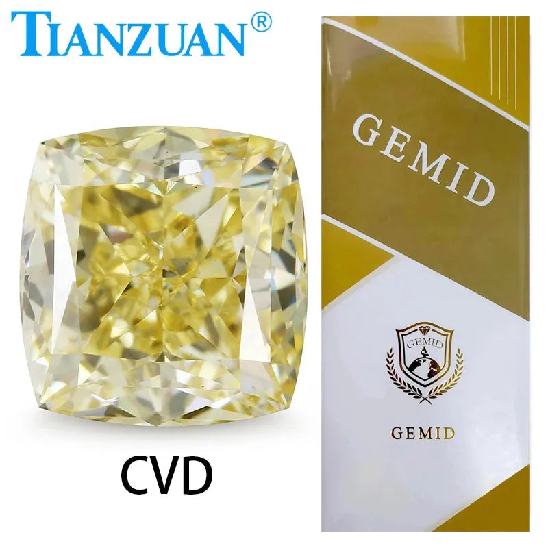 1CT VS2 Lab Grown CVD Cushion Cut Fancy Yellow Loose Diamond - GEMID Certified for Engagement Rings & Jewelry Making