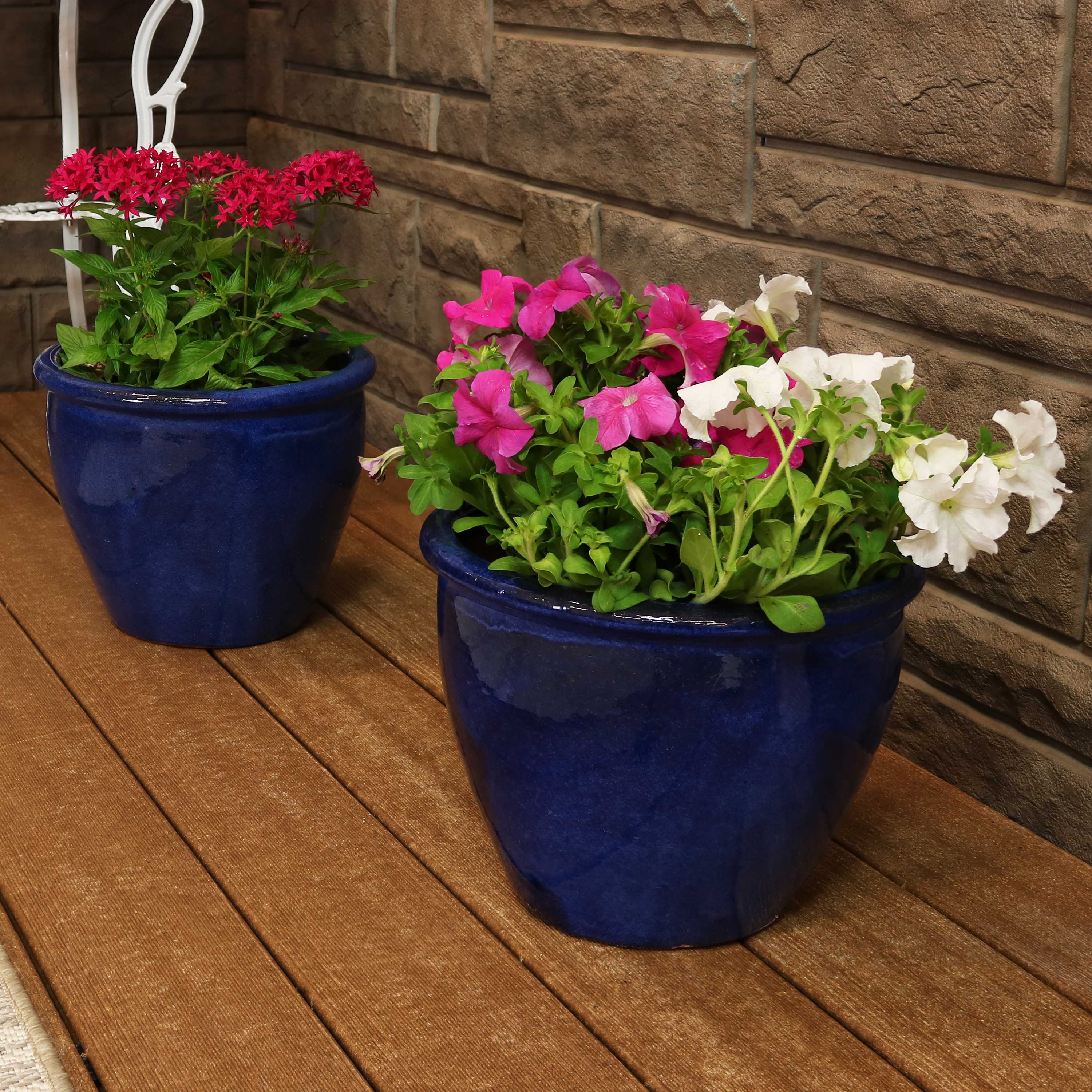 Sunnydaze Chalet Glazed Ceramic Plant Pots with Drainage Holes - Set of 2, Indoor Outdoor Garden Decor for Flowers, Succulents, Herbs - Perfect for Patio, Balcony, and Home Décor