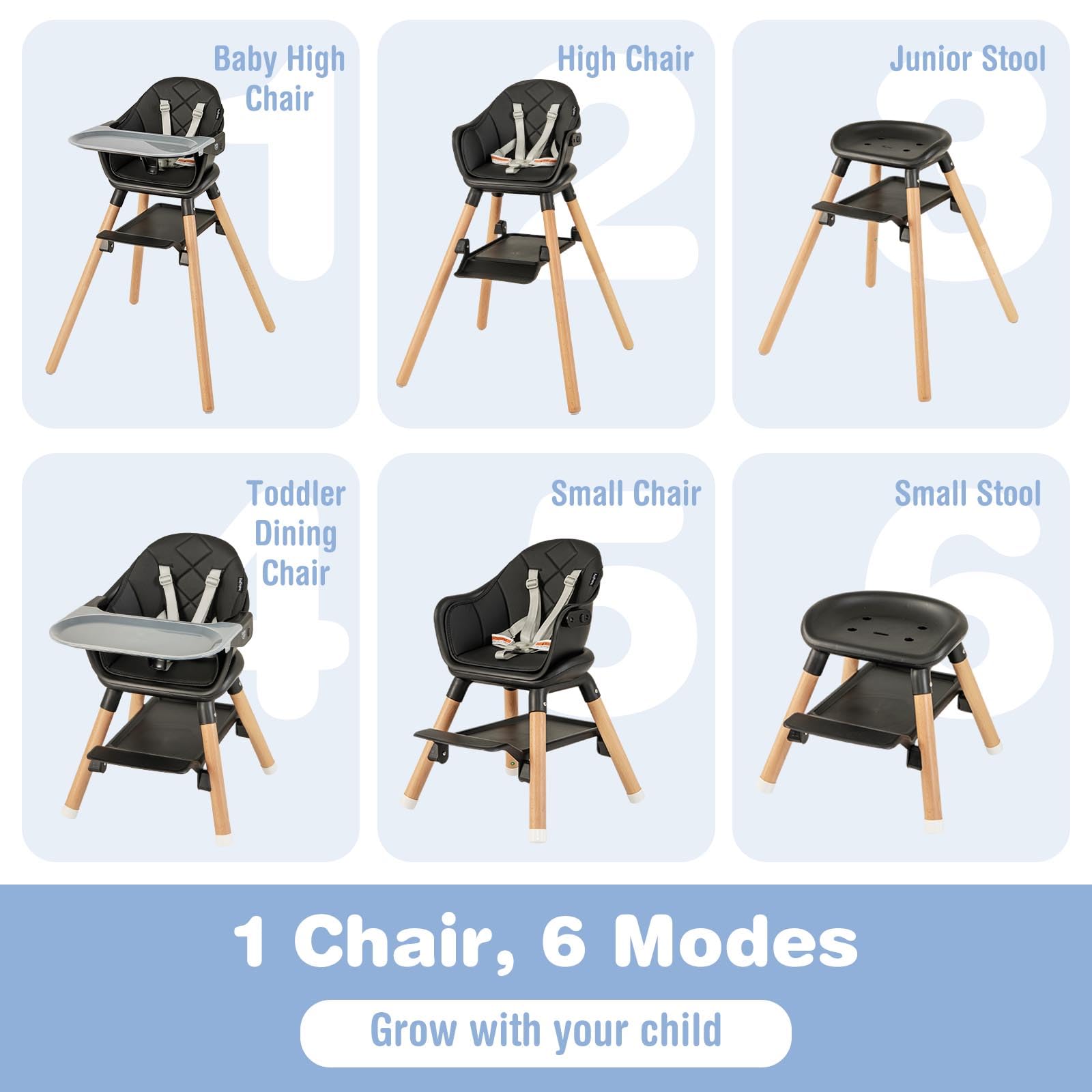 BABY JOY 6-in-1 Convertible Wooden High Chair for Babies & Toddlers - Adjustable Height, Removable Dual Trays, Safety Harness & Waterproof PU Cushion - Perfect for Dining, Feeding & Playtime (Black)