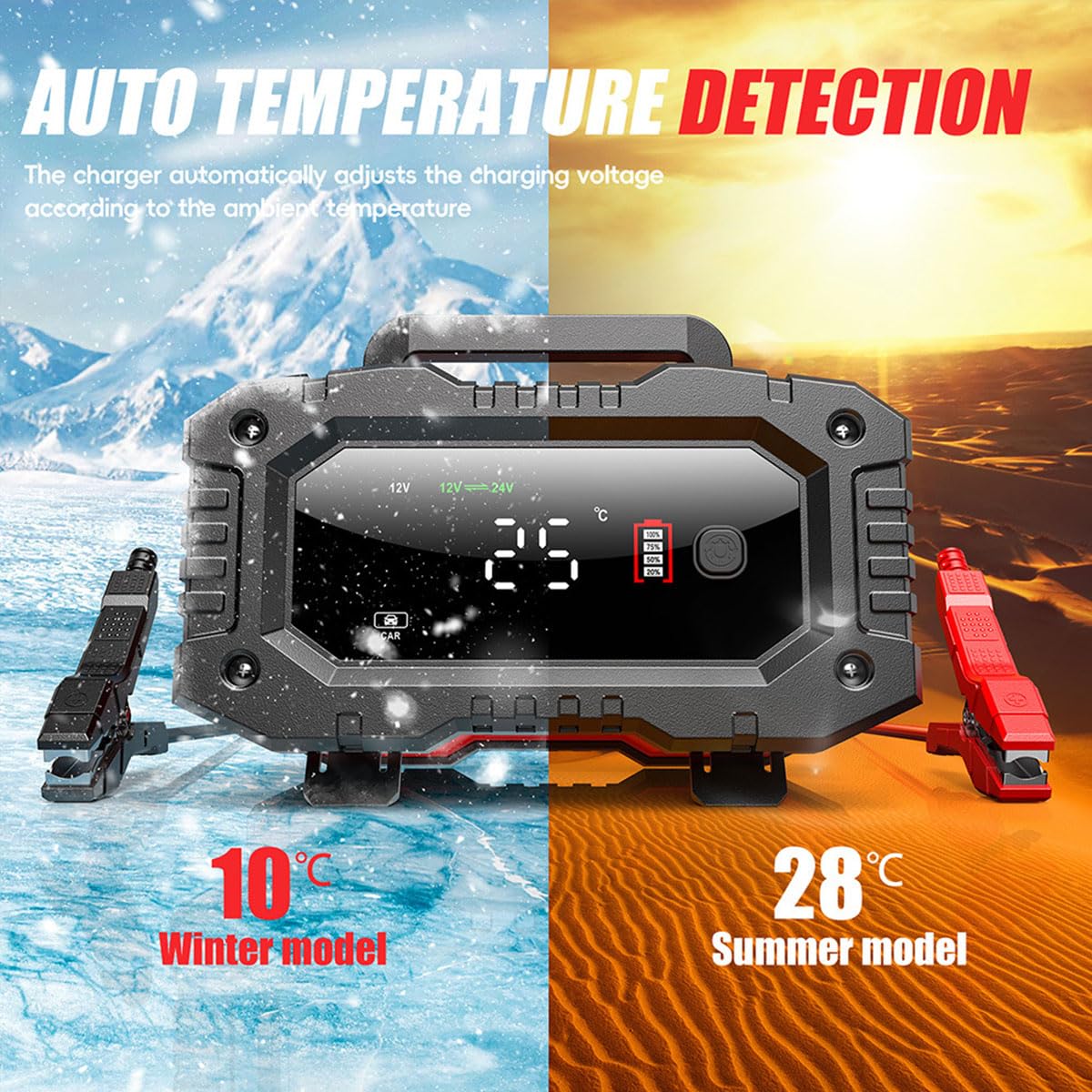 12V/24V Smart Battery Charger for Car, Truck, Motorcycle - Auto Maintenance & Repair